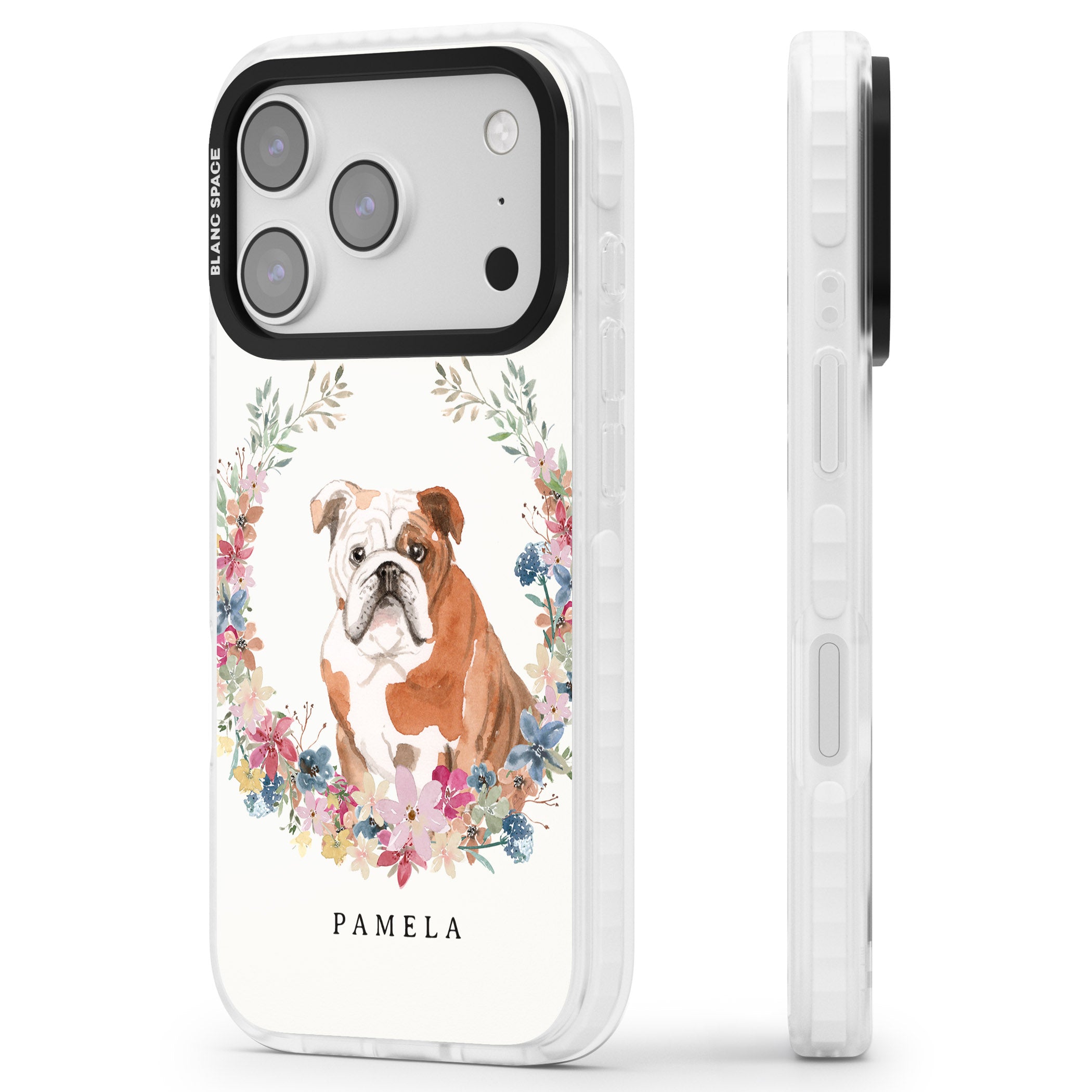 Personalised English Bulldog Floral Portrait iPhone 17 Pro Impact Clear Phone Case Side Profile