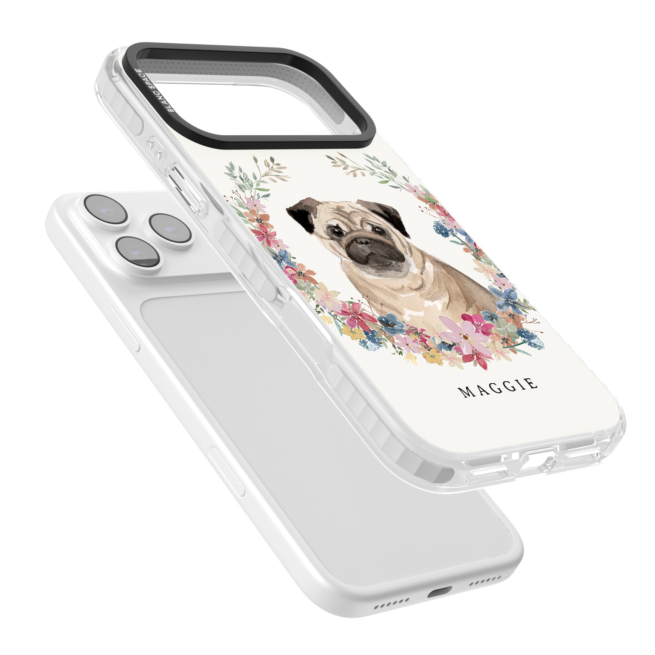 Personalised Pug Floral Portrait iPhone 17 Pro Impact Clear Phone Case Colours