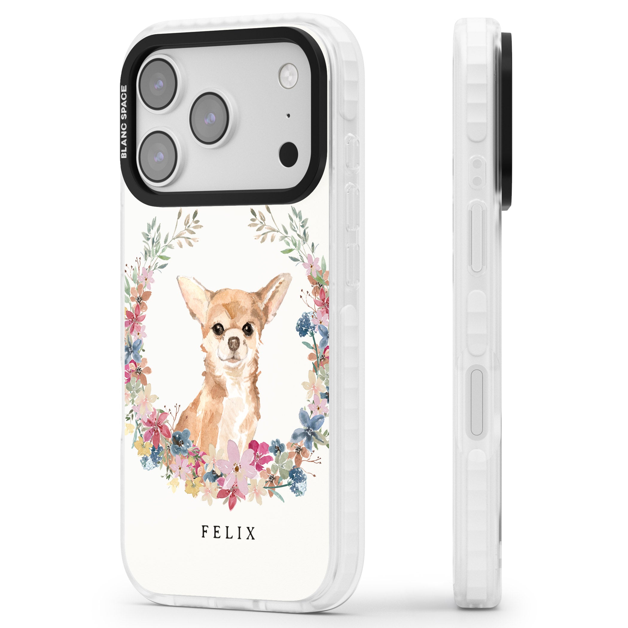 Personalised Chihuahua Floral Portrait iPhone 17 Pro Impact Clear Phone Case Side Profile