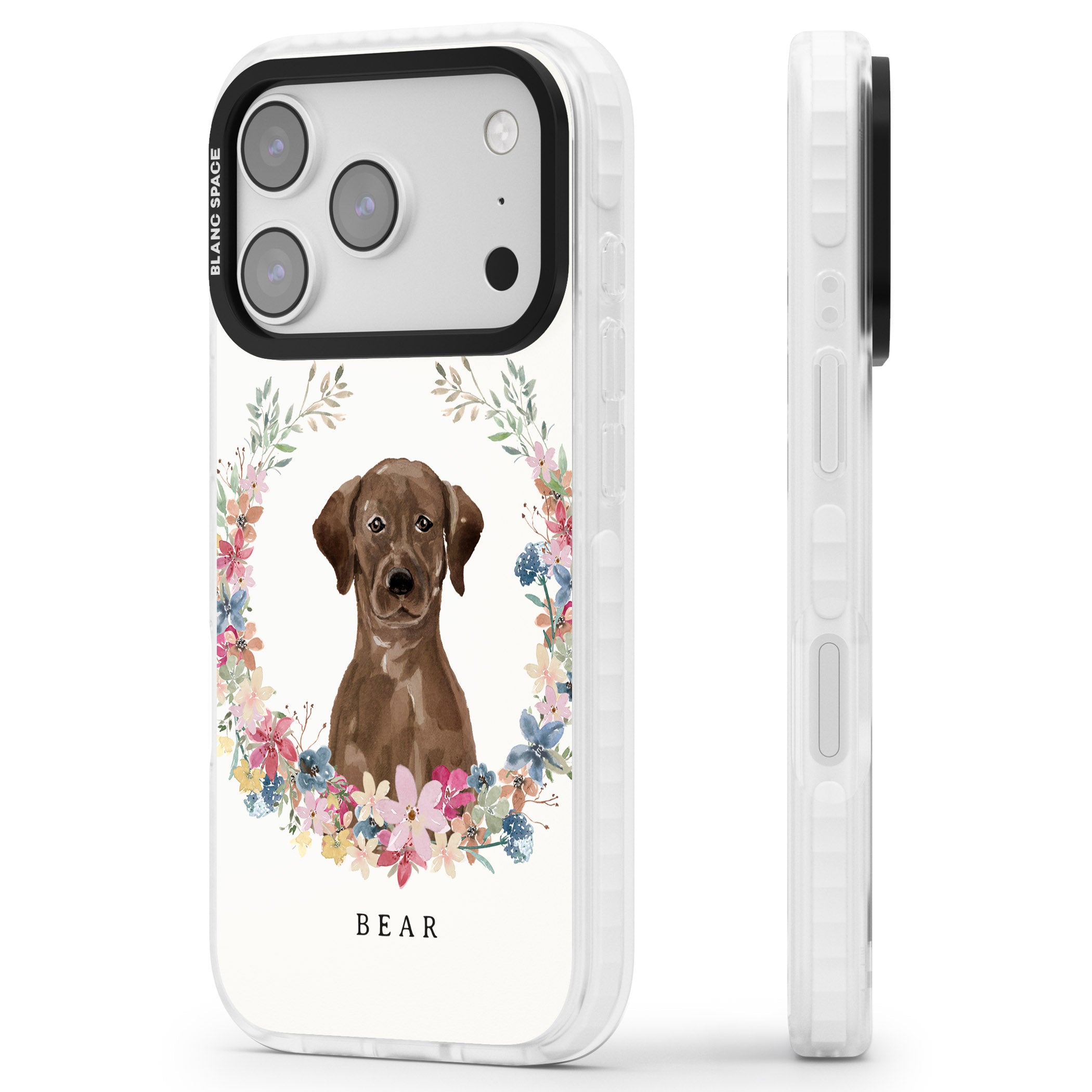 Personalised Chocolate Labrador Floral Portrait iPhone 17 Pro Impact Clear Phone Case Side Profile