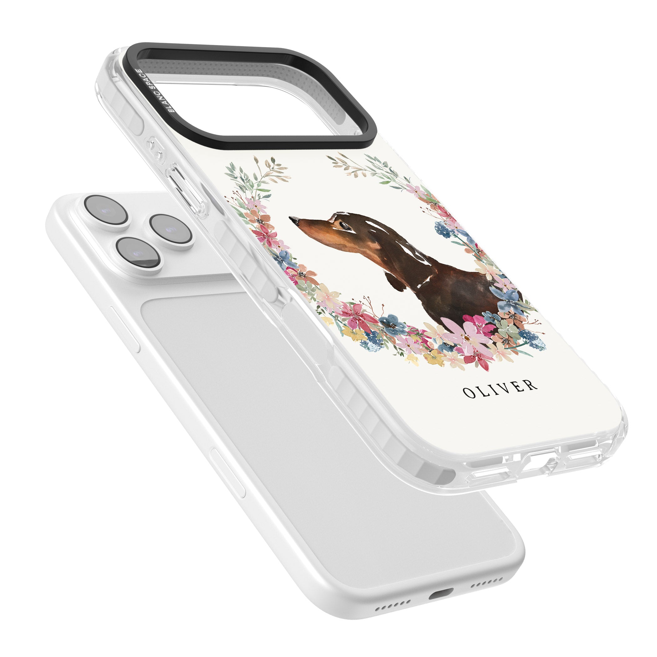 Personalised Black & Tan Dachshund Floral Portrait iPhone 17 Pro Impact Clear Phone Case Colours