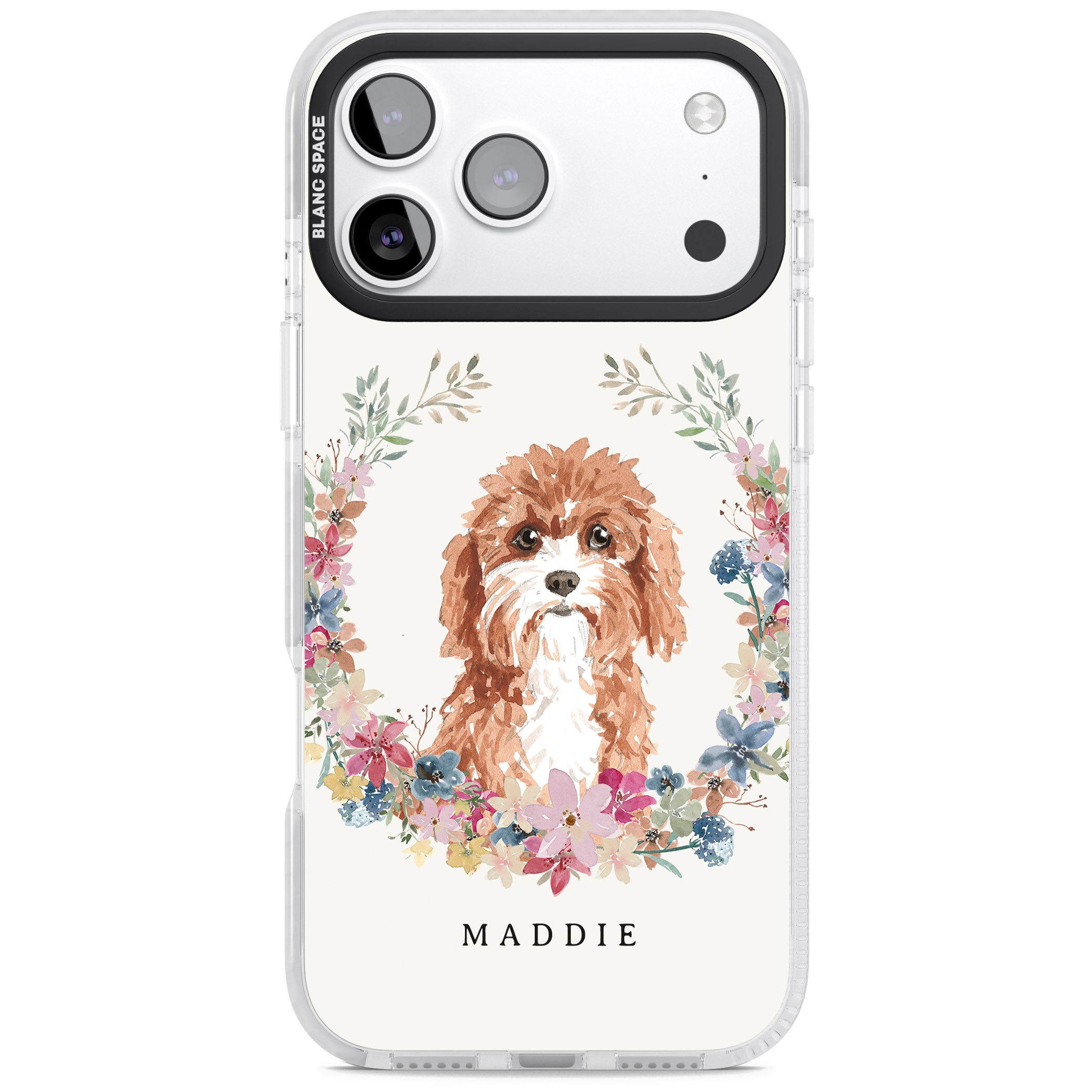 Personalised Cavapoo Floral Portrait iPhone 17 Pro Impact Clear Phone Case