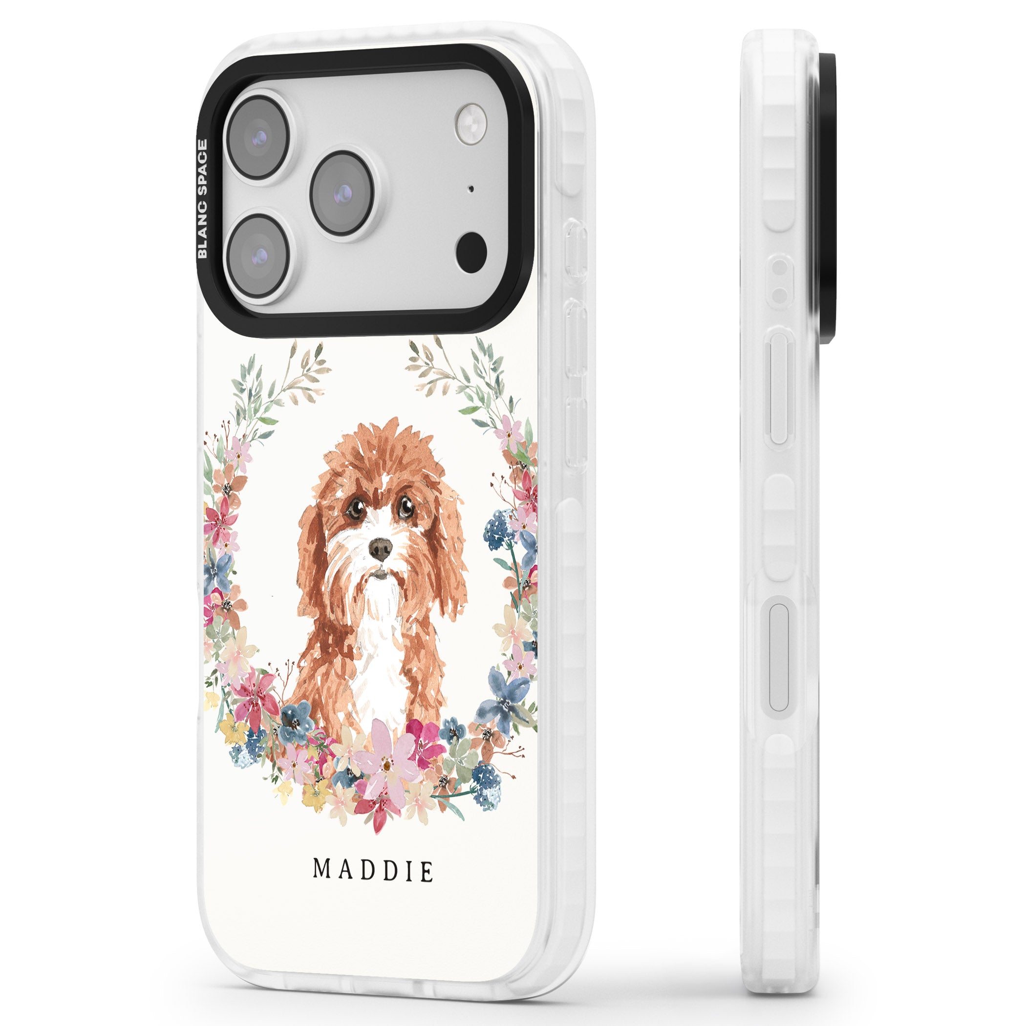 Personalised Cavapoo Floral Portrait iPhone 17 Pro Impact Clear Phone Case Side Profile