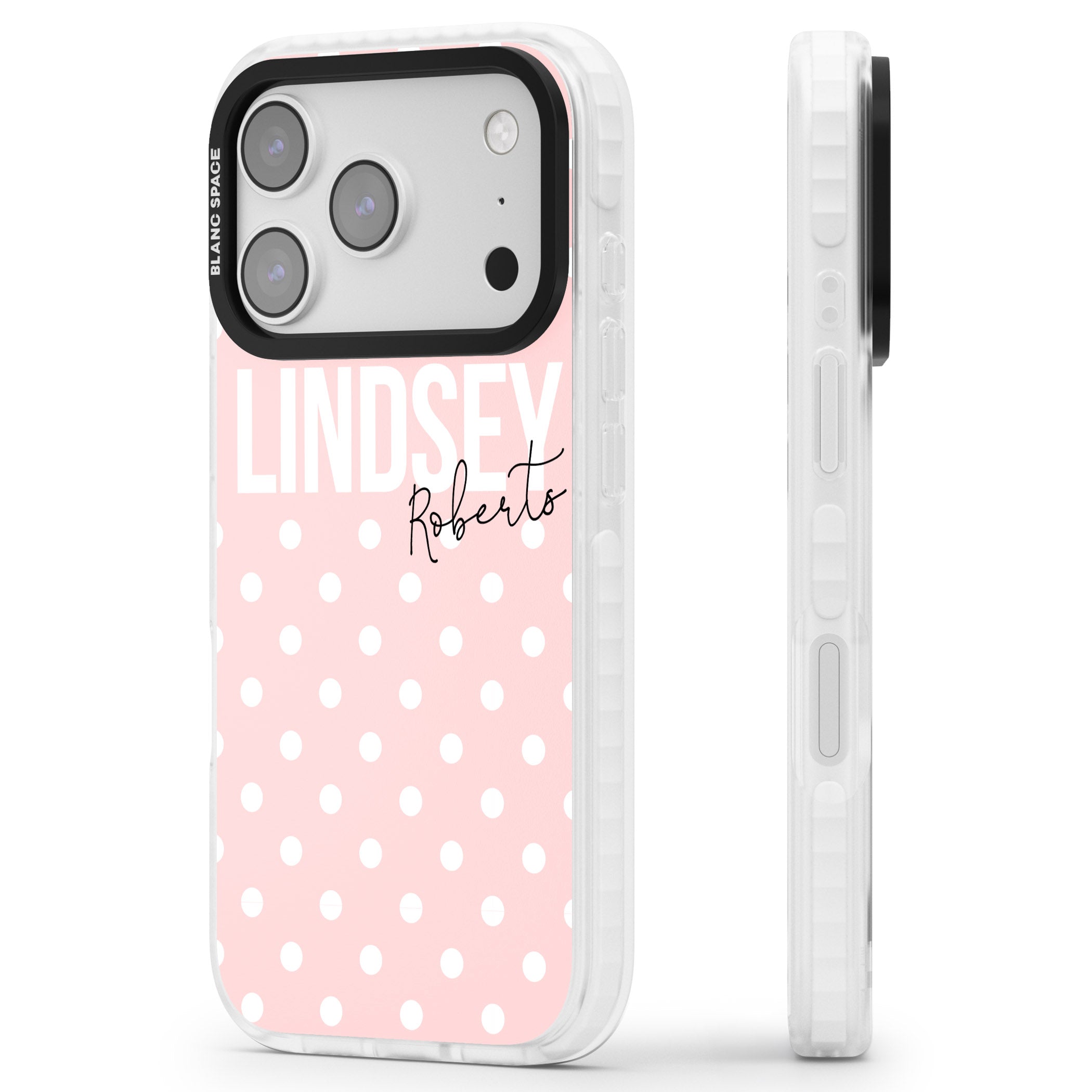 Personalised Pink Polka iPhone 17 Pro Impact Clear Phone Case Side Profile