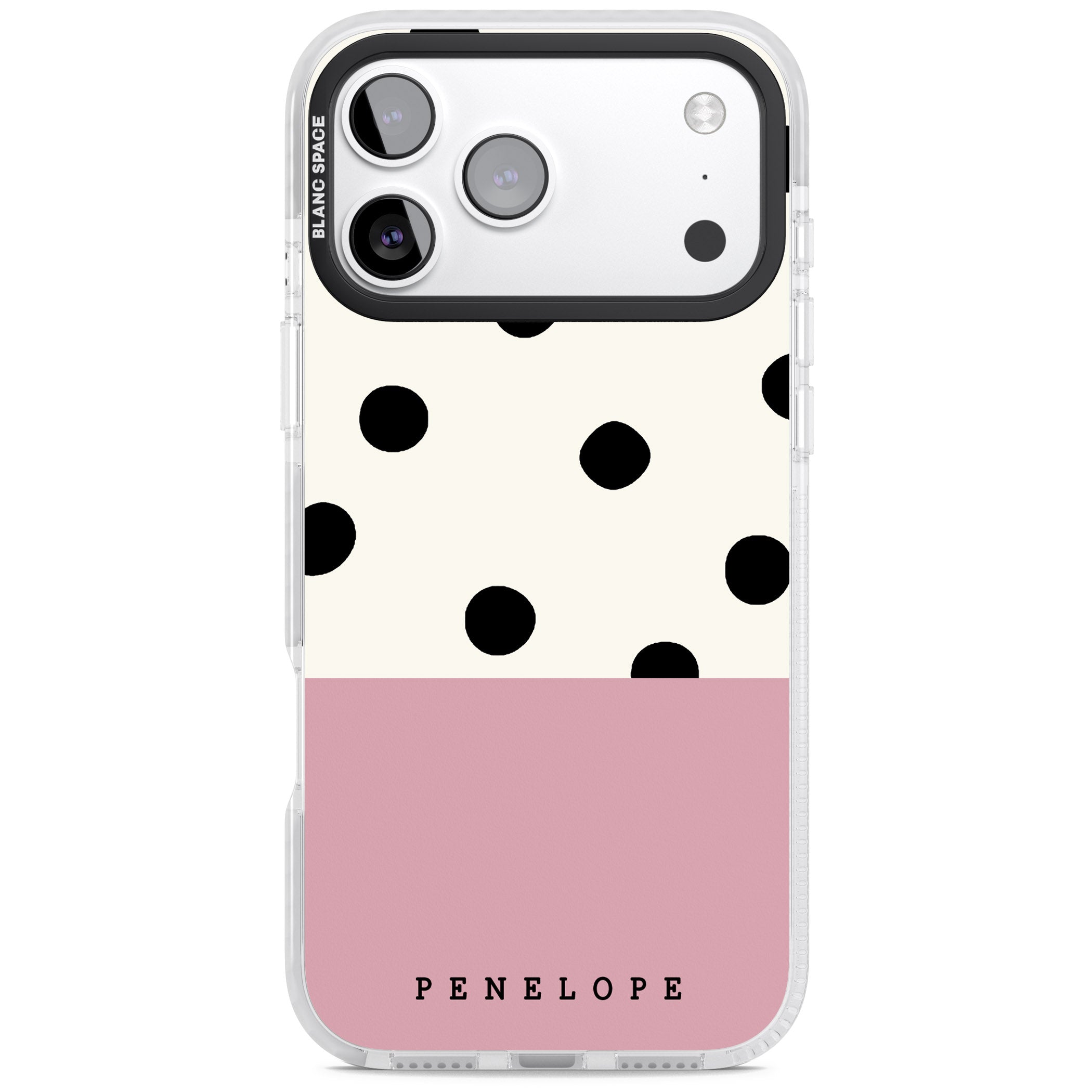 Personalised Pink Border Polka Dot iPhone 17 Pro Impact Clear Phone Case
