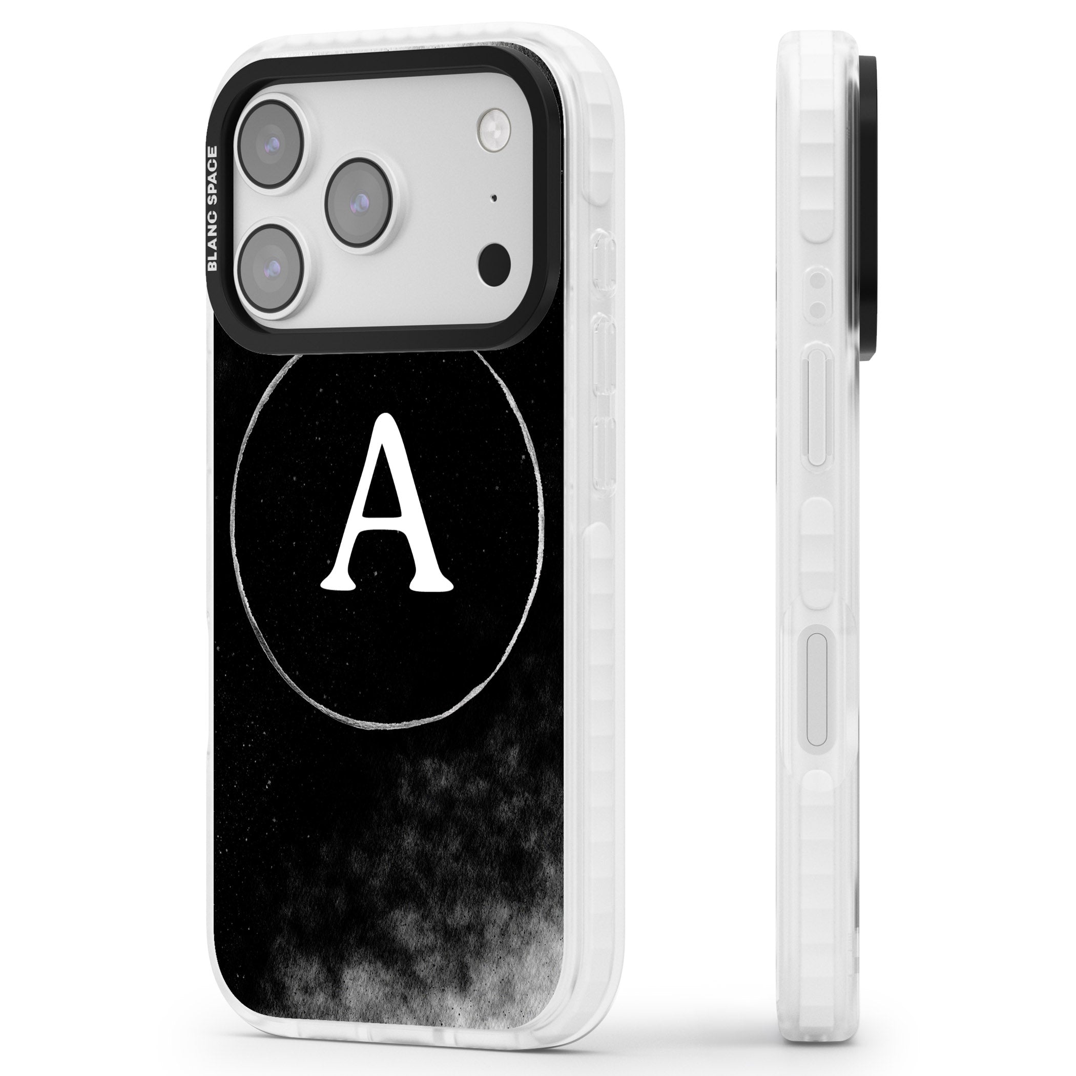 Personalised Monochrome Cosmic Monogram iPhone 17 Pro Impact Clear Phone Case Side Profile