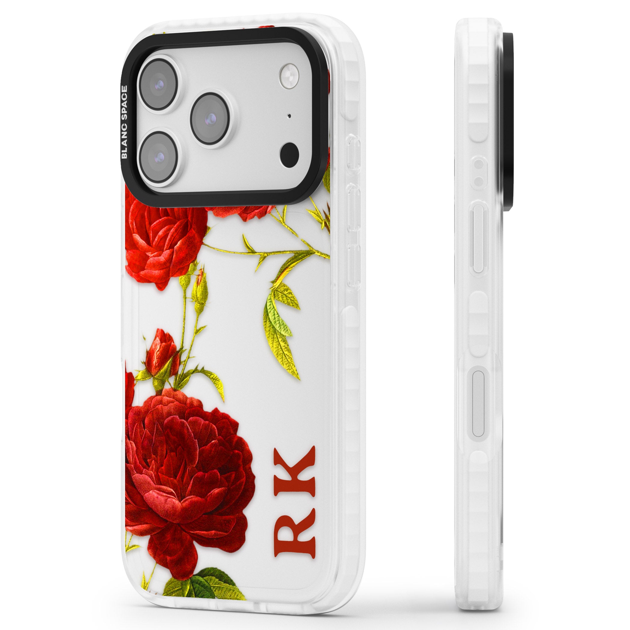 Personalised Vintage Floral Red Roses iPhone 17 Pro Impact Clear Phone Case Side Profile
