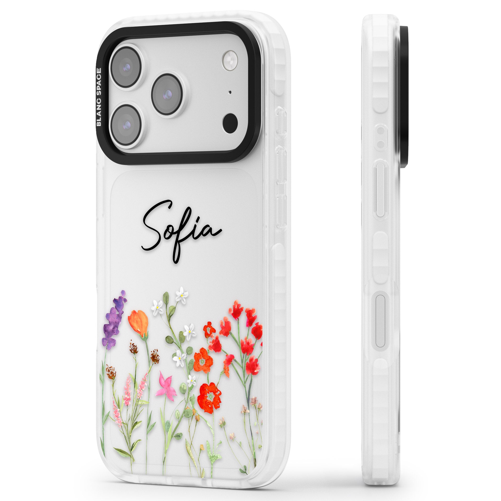 Personalised Spring Wildflowers iPhone 17 Pro Impact Clear Phone Case Side Profile