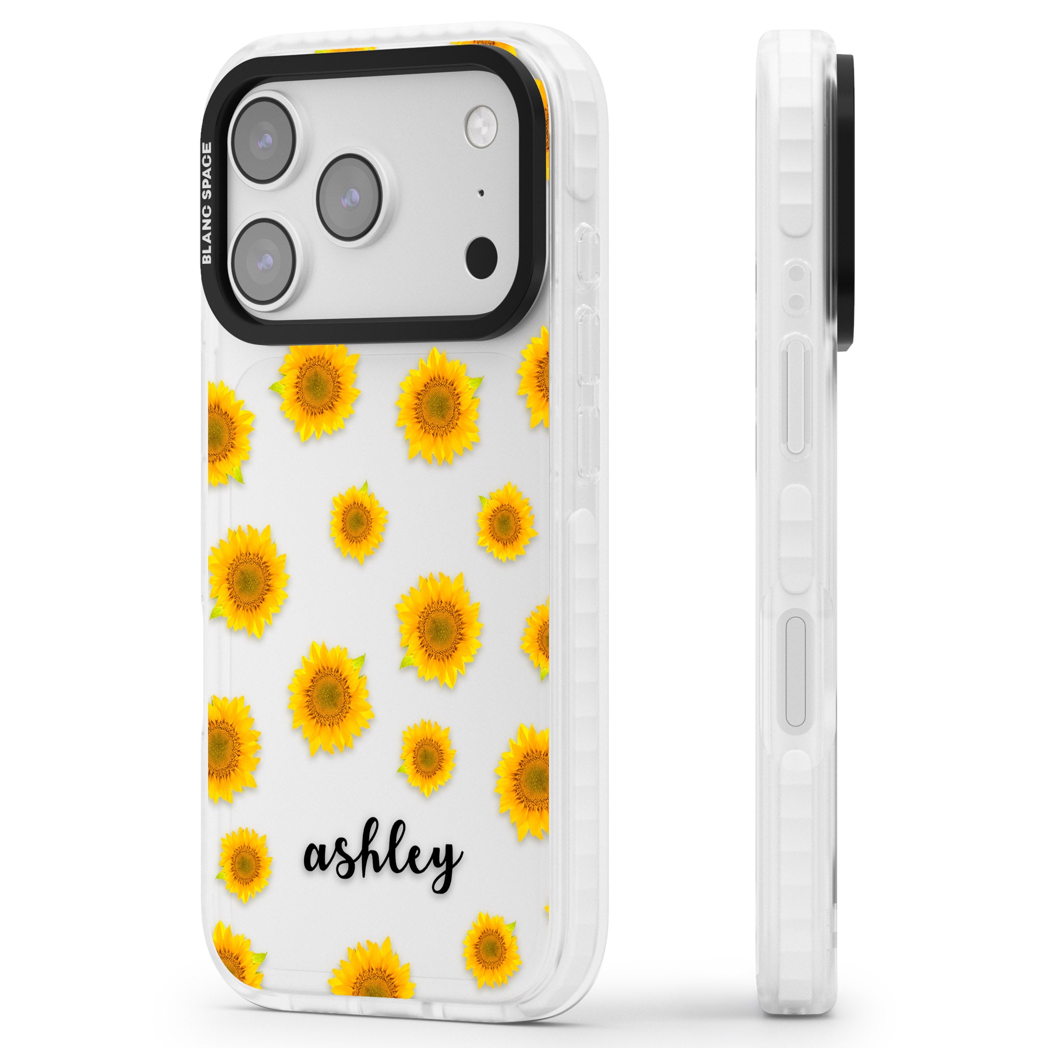 Personalised Sunflowers & Cursive iPhone 17 Pro Impact Clear Phone Case Side Profile