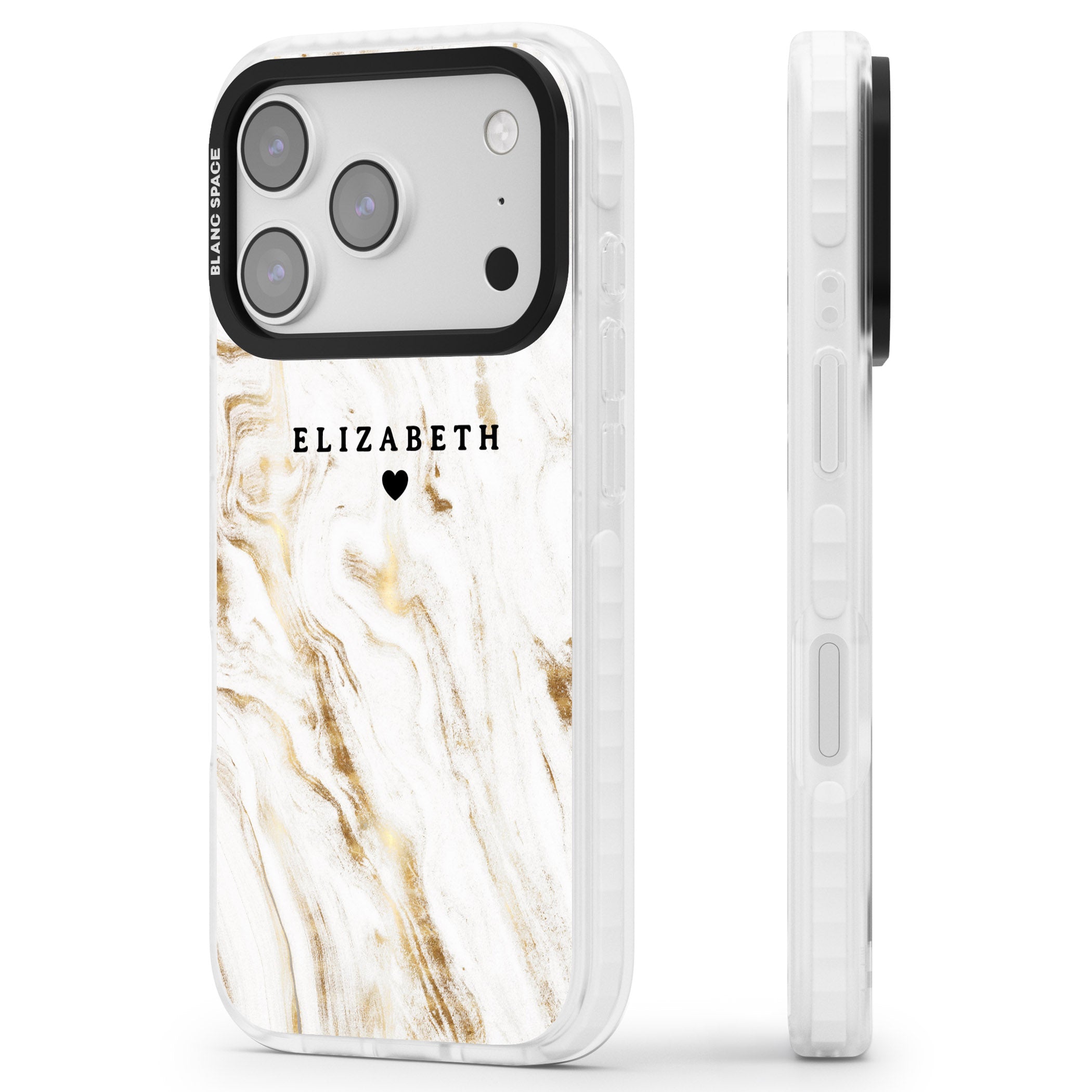 Personalised White & Gold Swirl Marble iPhone 17 Pro Impact Clear Phone Case Side Profile