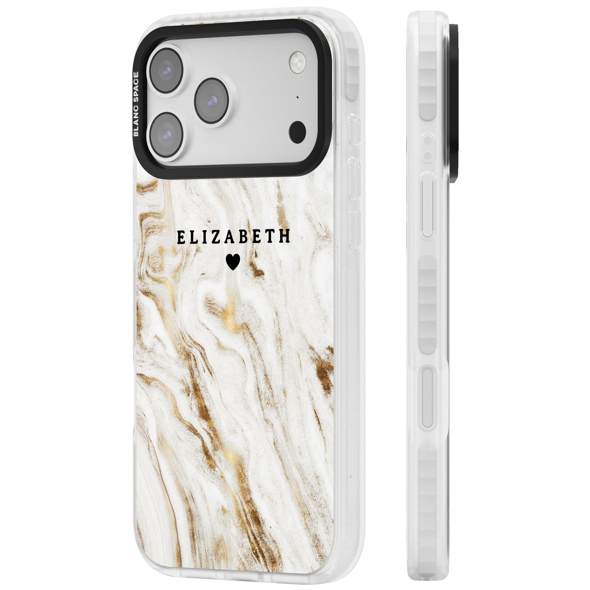 Personalised White Gilded Marble iPhone 17 Pro Max Impact Clear Phone Case side