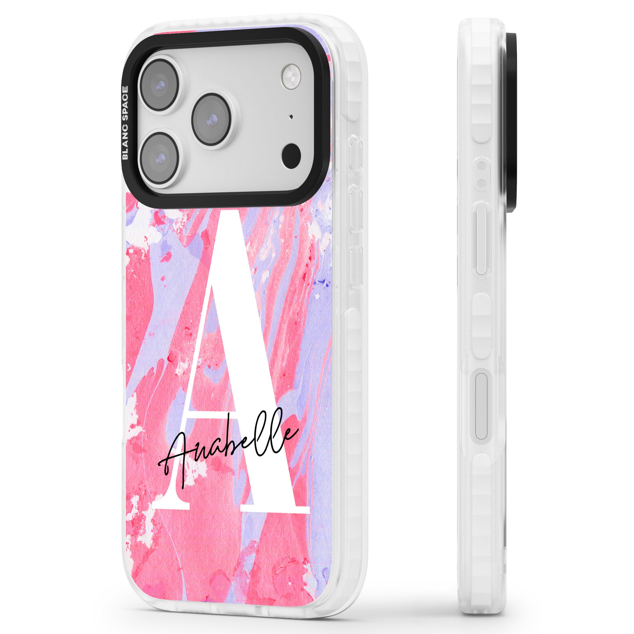 Personalised Pink & Purple Marble iPhone 17 Pro Impact Clear Phone Case Side Profile