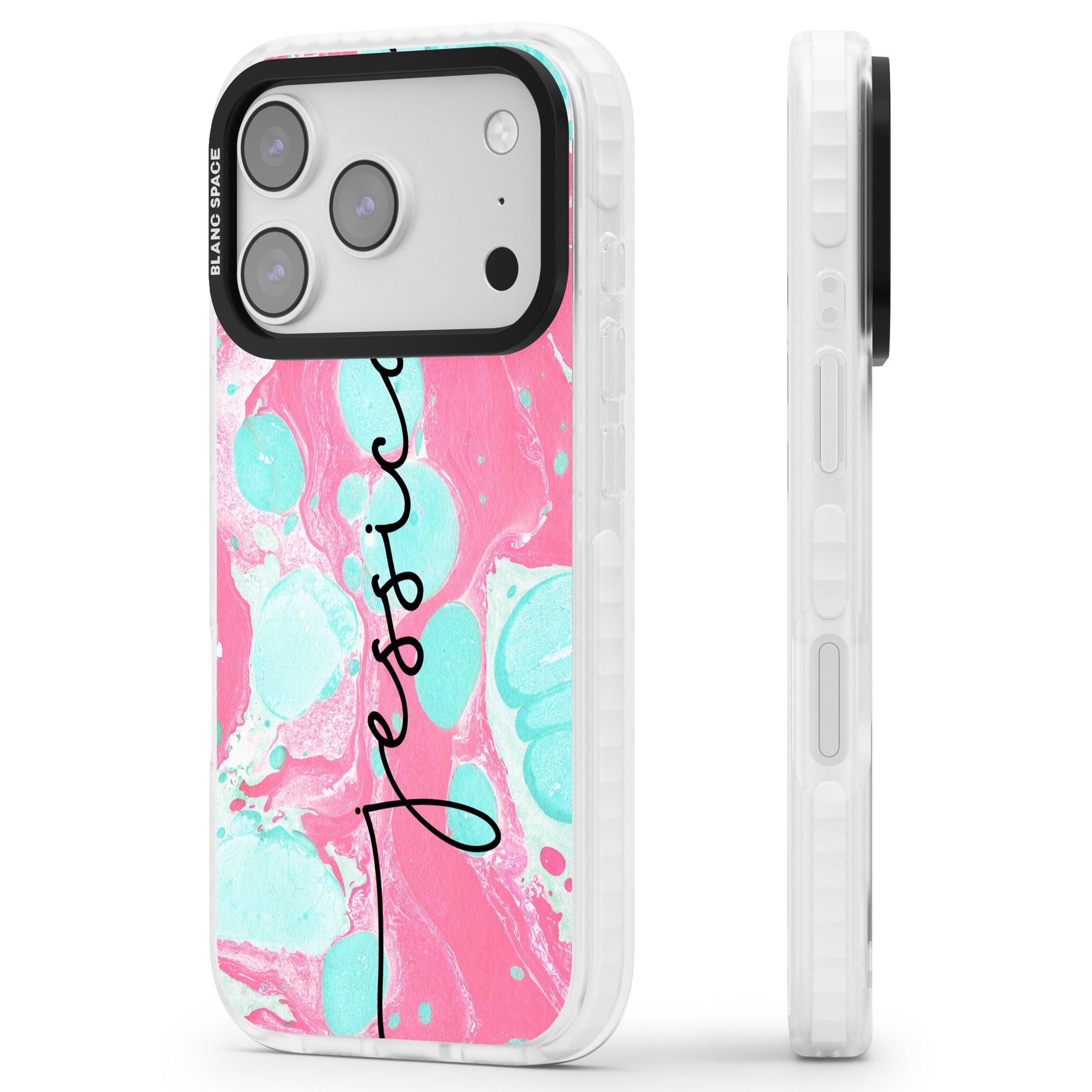 Personalised Turquoise & Pink Marbled iPhone 17 Pro Impact Clear Phone Case Side Profile