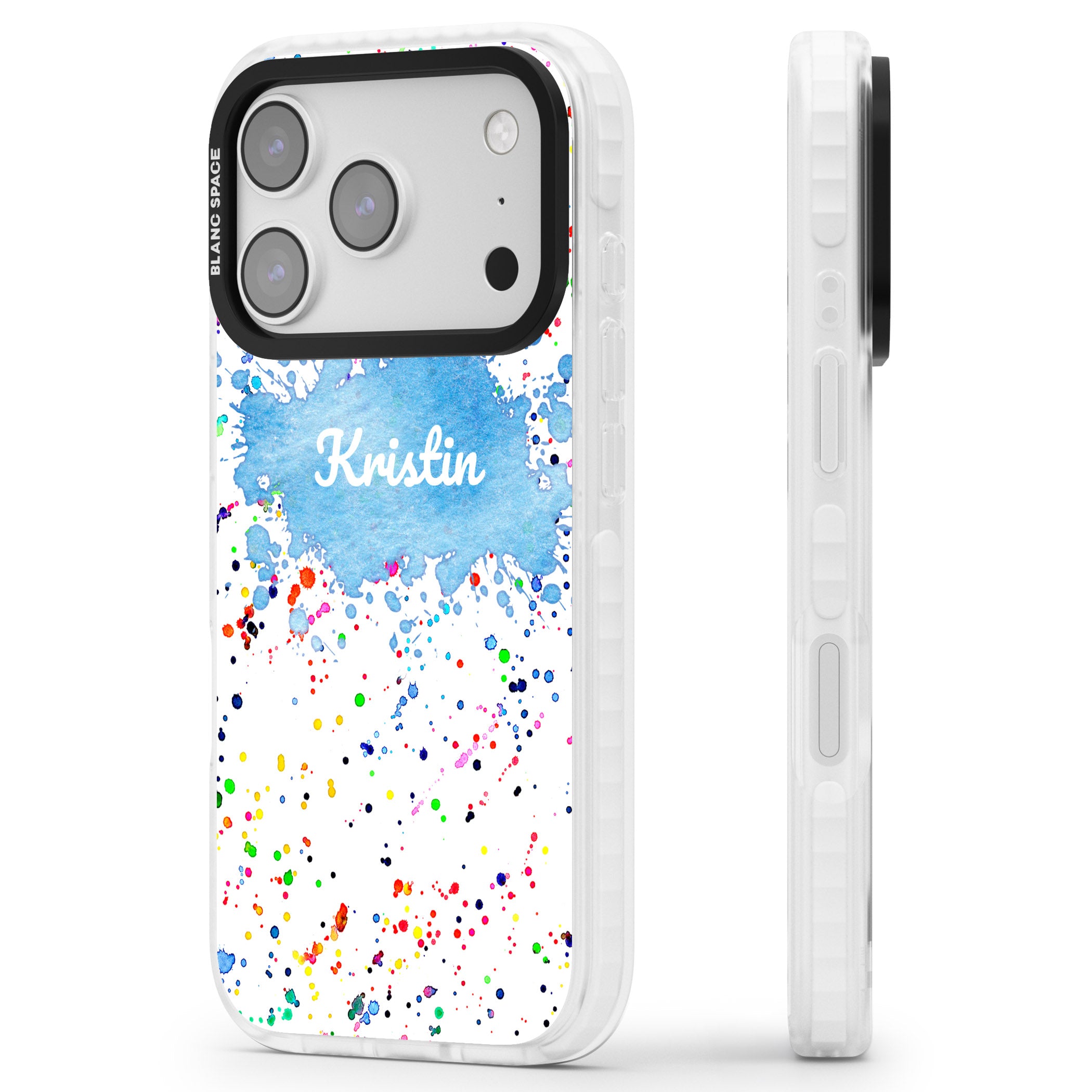 Personalised Rainbow Splatter Name iPhone 17 Pro Impact Clear Phone Case Side Profile