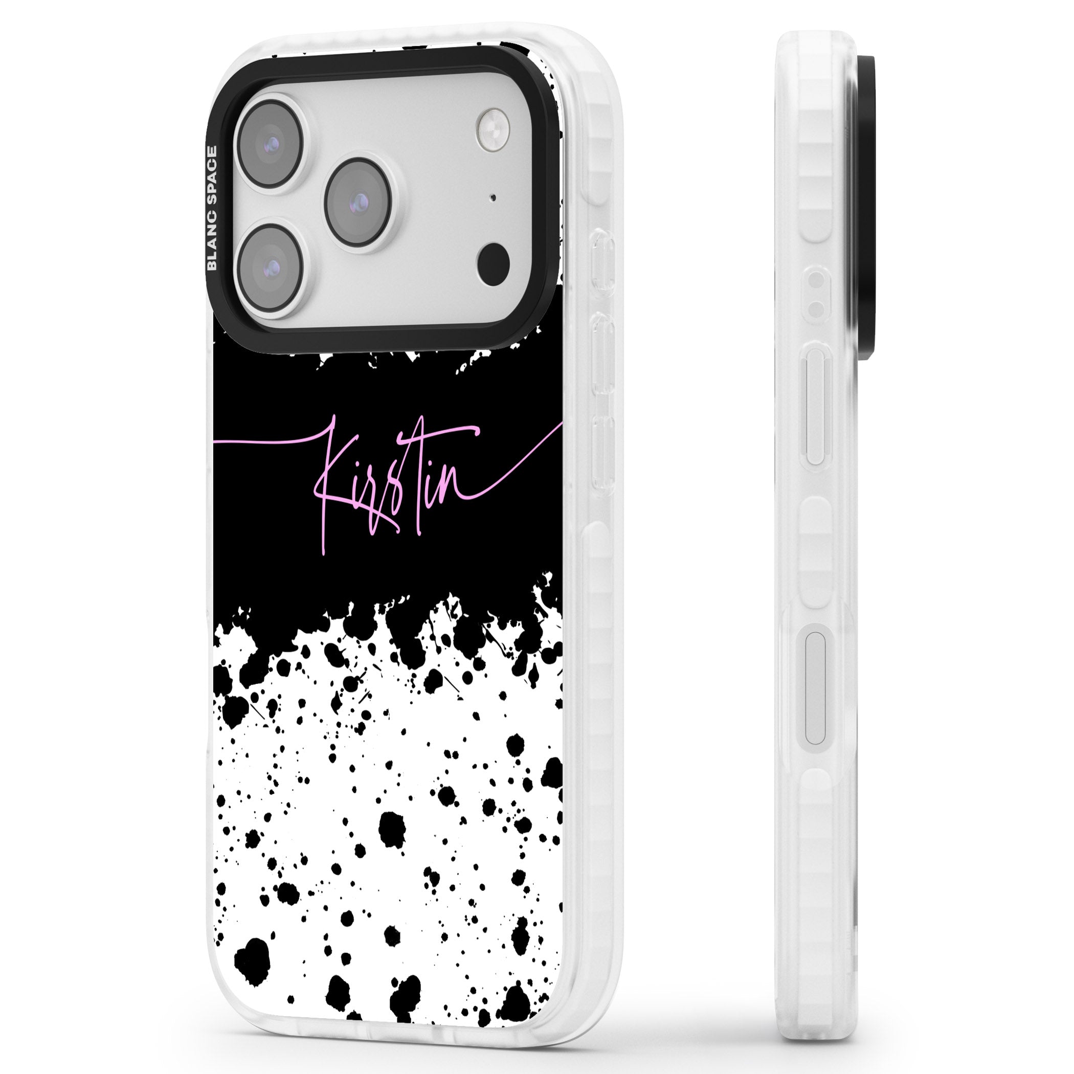Personalised Bold Paint Splatters iPhone 17 Pro Impact Clear Phone Case Side Profile