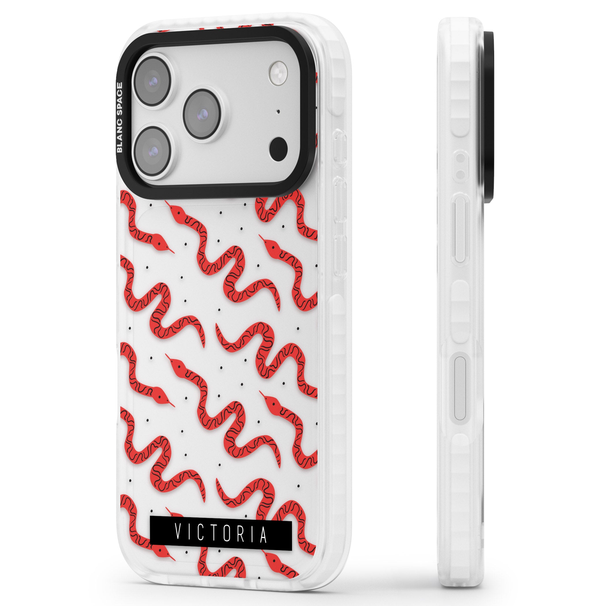 Personalised Red Snake Pattern iPhone 17 Pro Impact Clear Phone Case Side Profile