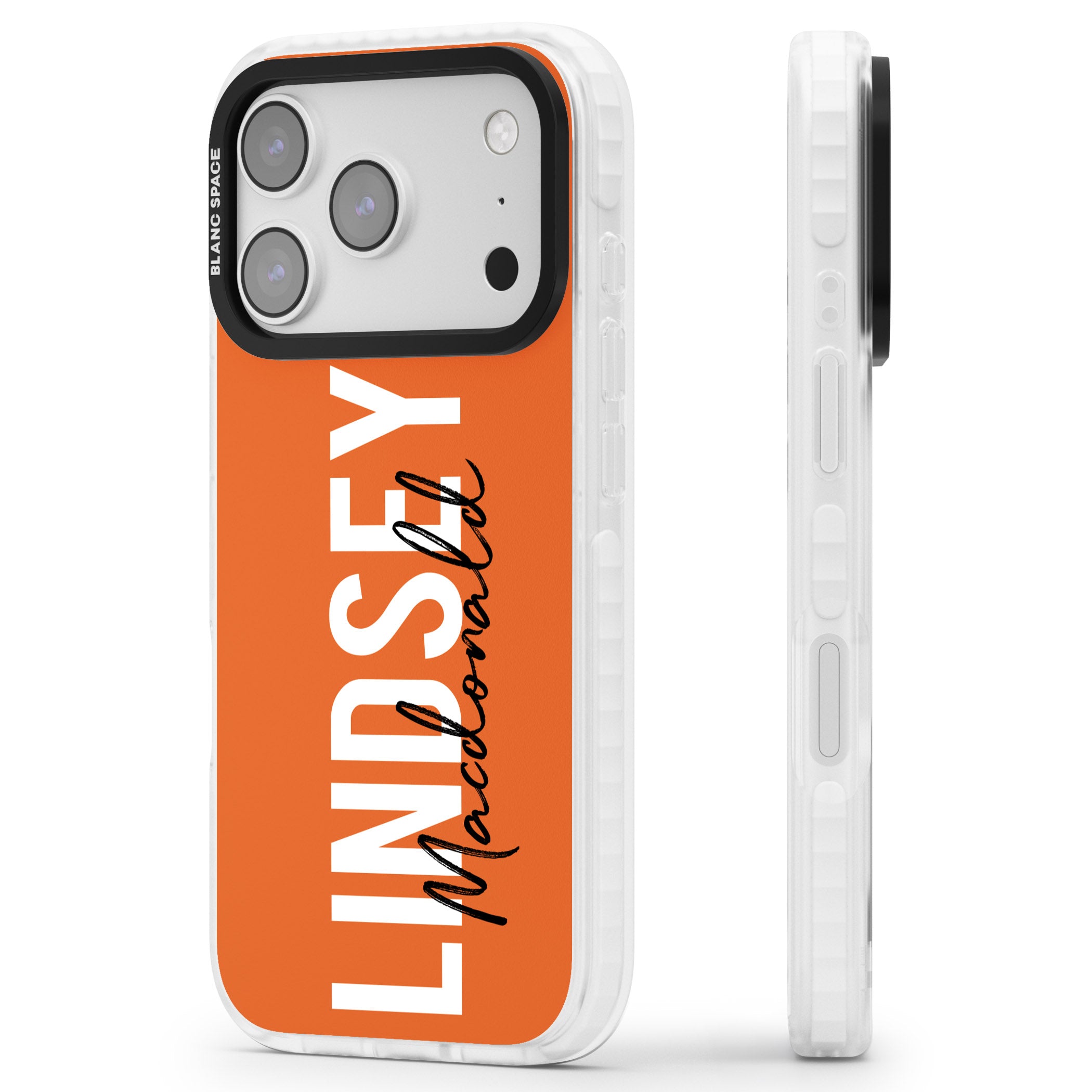 Personalised Bold Name: Orange iPhone 17 Pro Impact Clear Phone Case Side Profile
