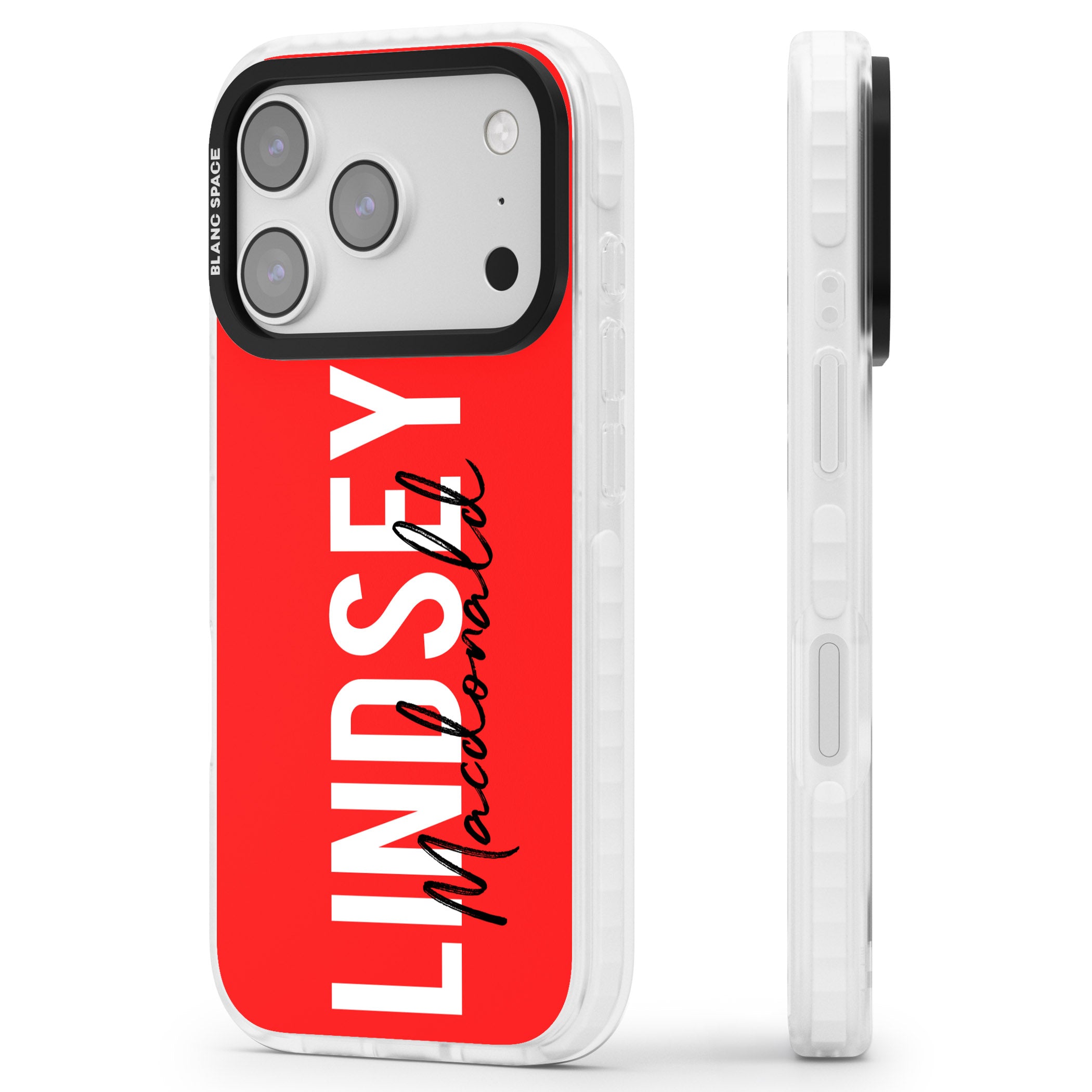Personalised Bold Name: Red iPhone 17 Pro Impact Clear Phone Case Side Profile