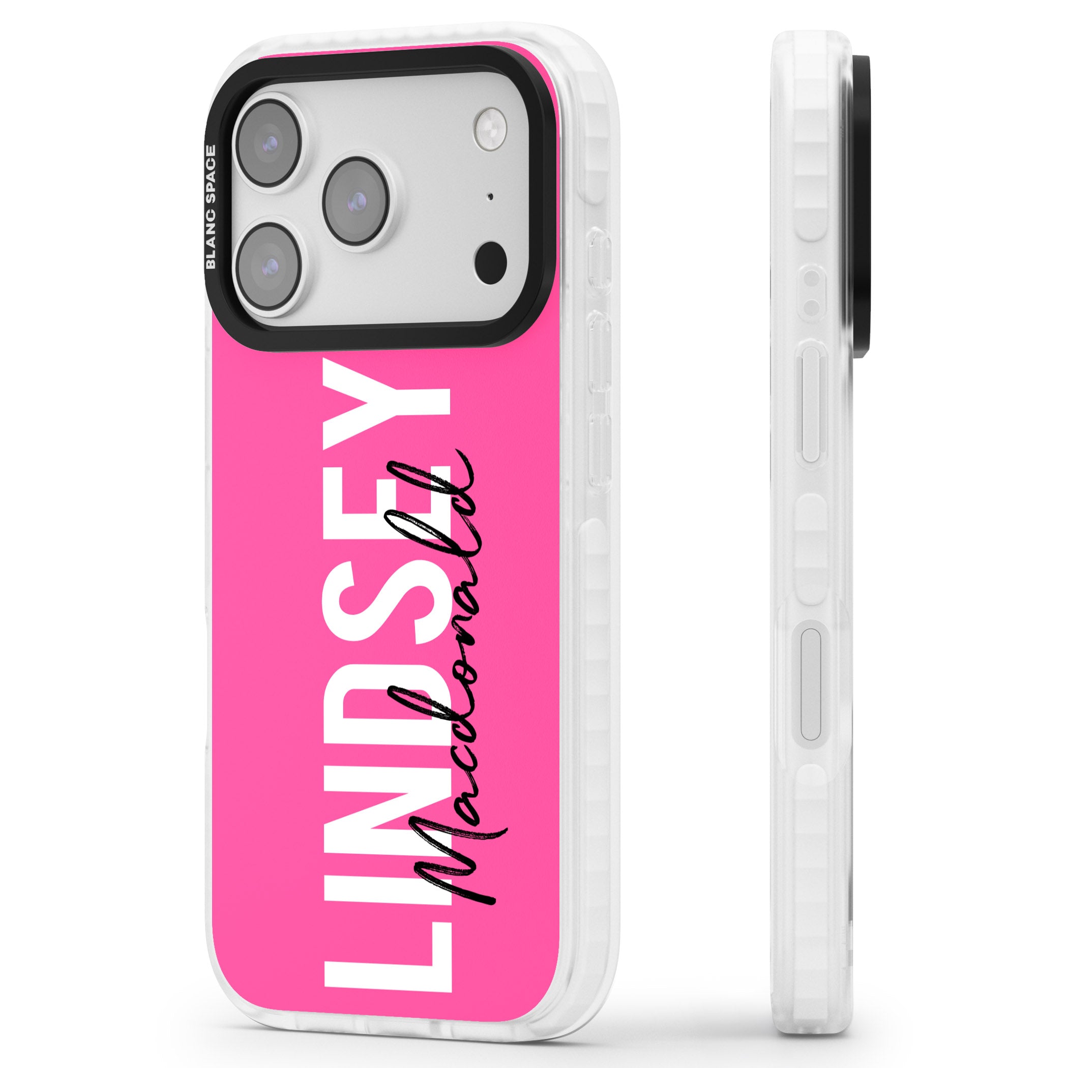 Personalised Bold Name: Pink iPhone 17 Pro Impact Clear Phone Case Side Profile