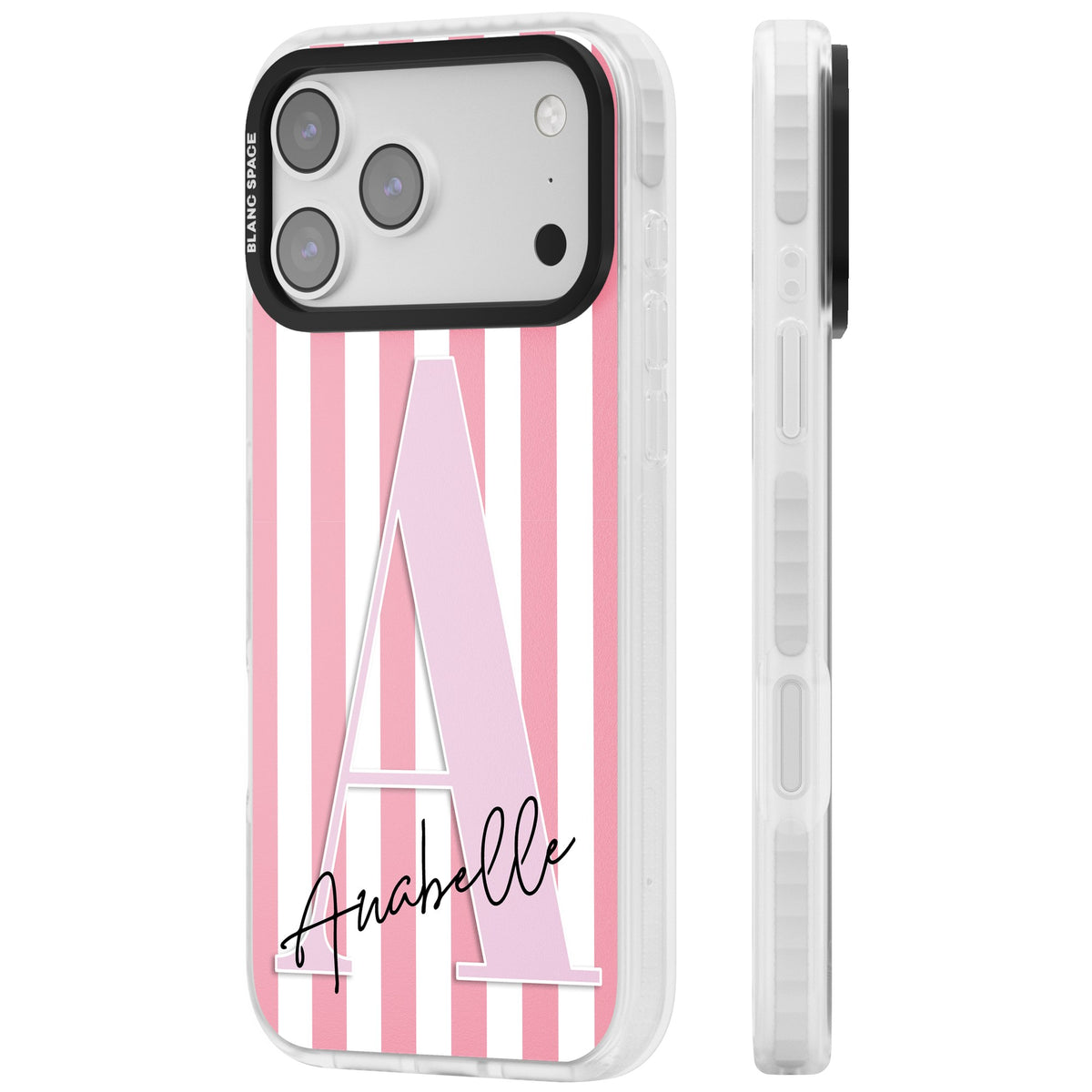 Personalised Soft Pink Stripes iPhone 17 Pro Max Impact Clear Phone Case side