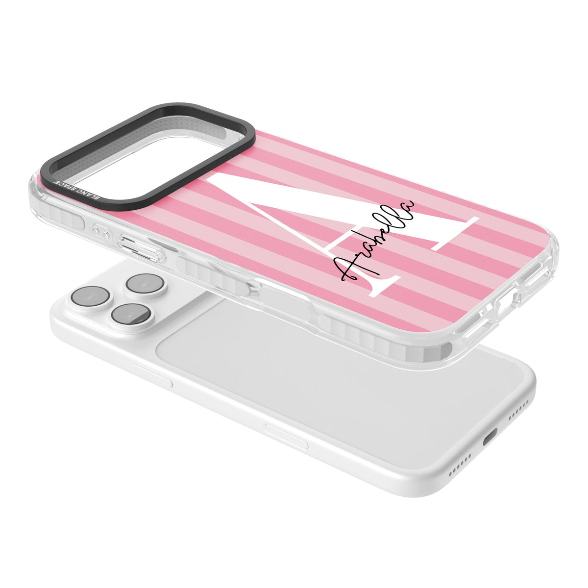 Personalised Pink Stripes iPhone 17 Pro Max Impact Clear Phone Case angled