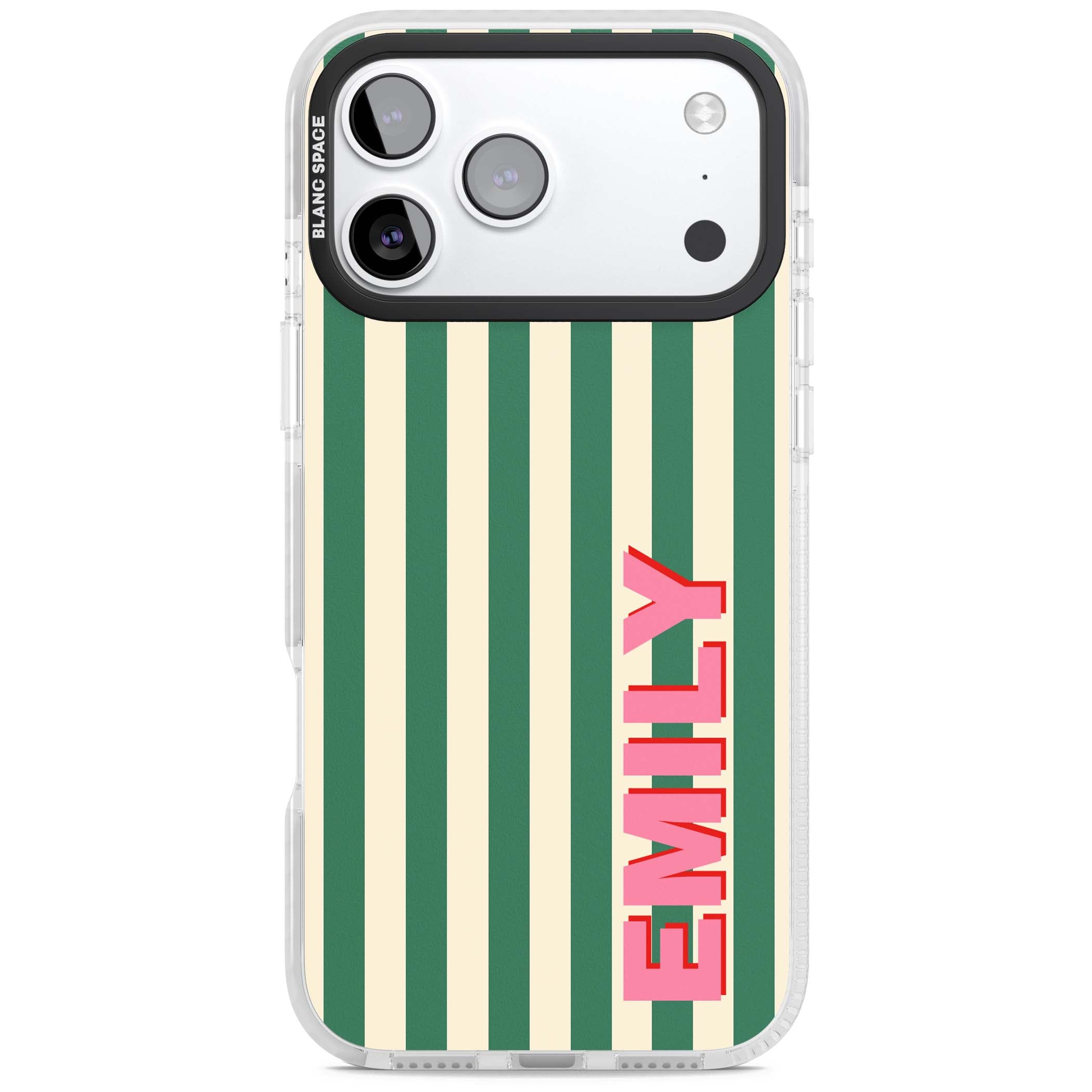 Wimbledon Stripe preppy iPhone case featuring green and cream vertical stripes with a personalised pink name | Black Impact case for iPhone 17 Pro, iPhone 17 Pro Max