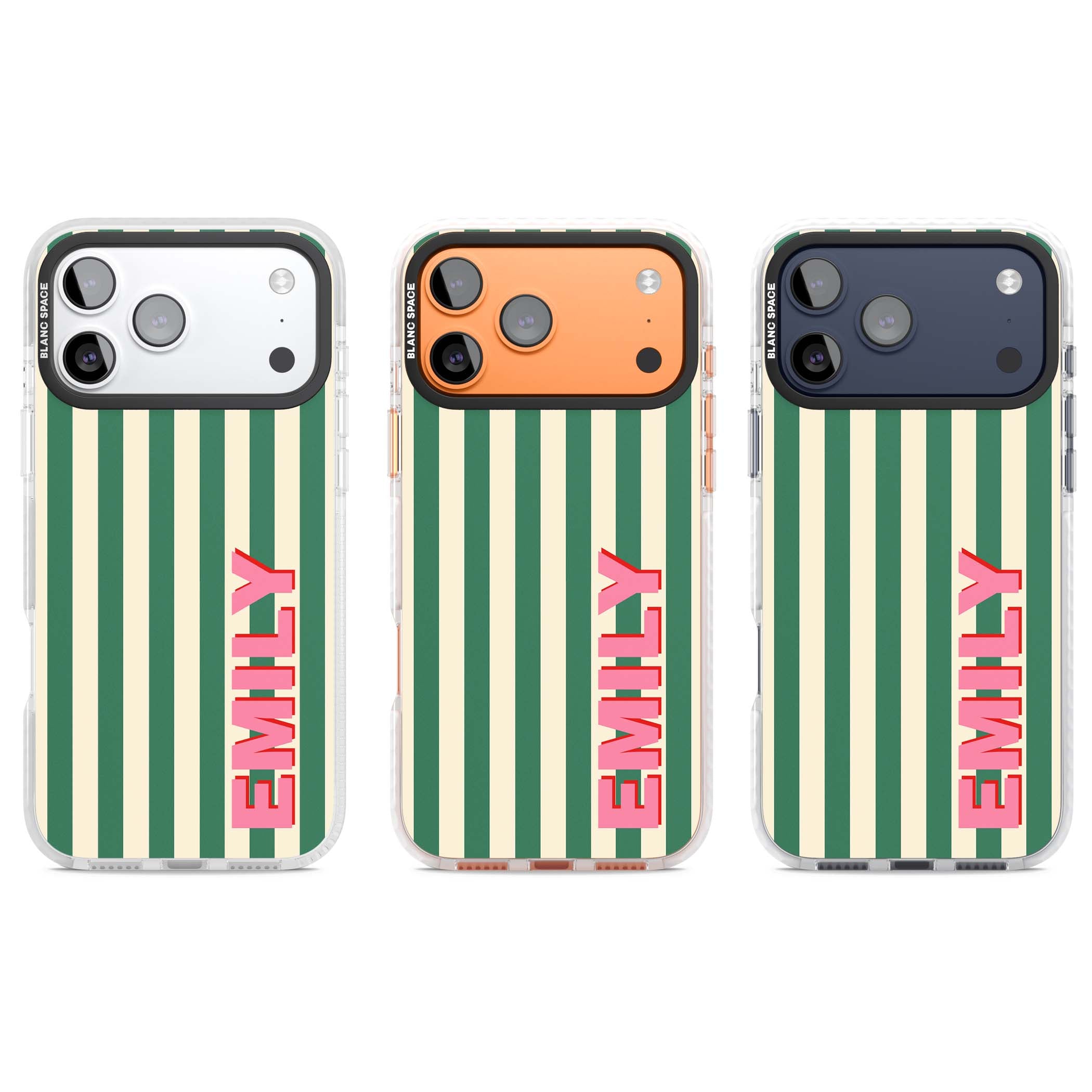Wimbledon Stripe preppy iPhone case featuring green and cream vertical stripes with a personalised pink name | Black Impact case for iPhone 17 Pro, iPhone 17 Pro Max