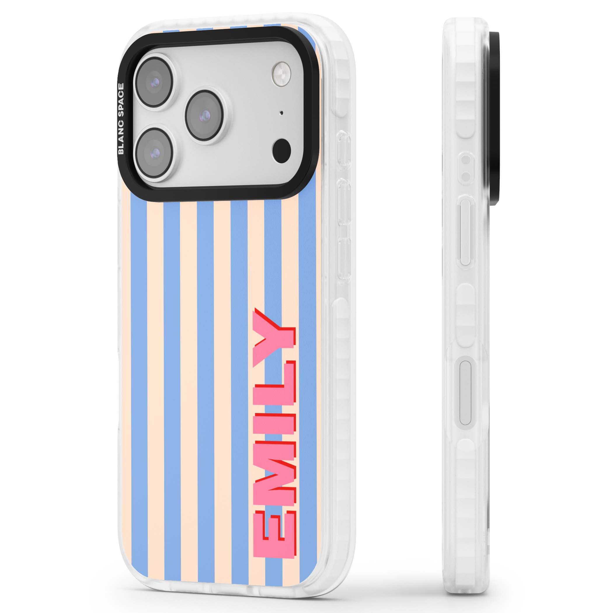 Coastal Stripe personalised coastal iPhone case with blue and peach vertical stripes and custom pink name | Black Impact case for iPhone 17 Pro, iPhone 17 Pro Max