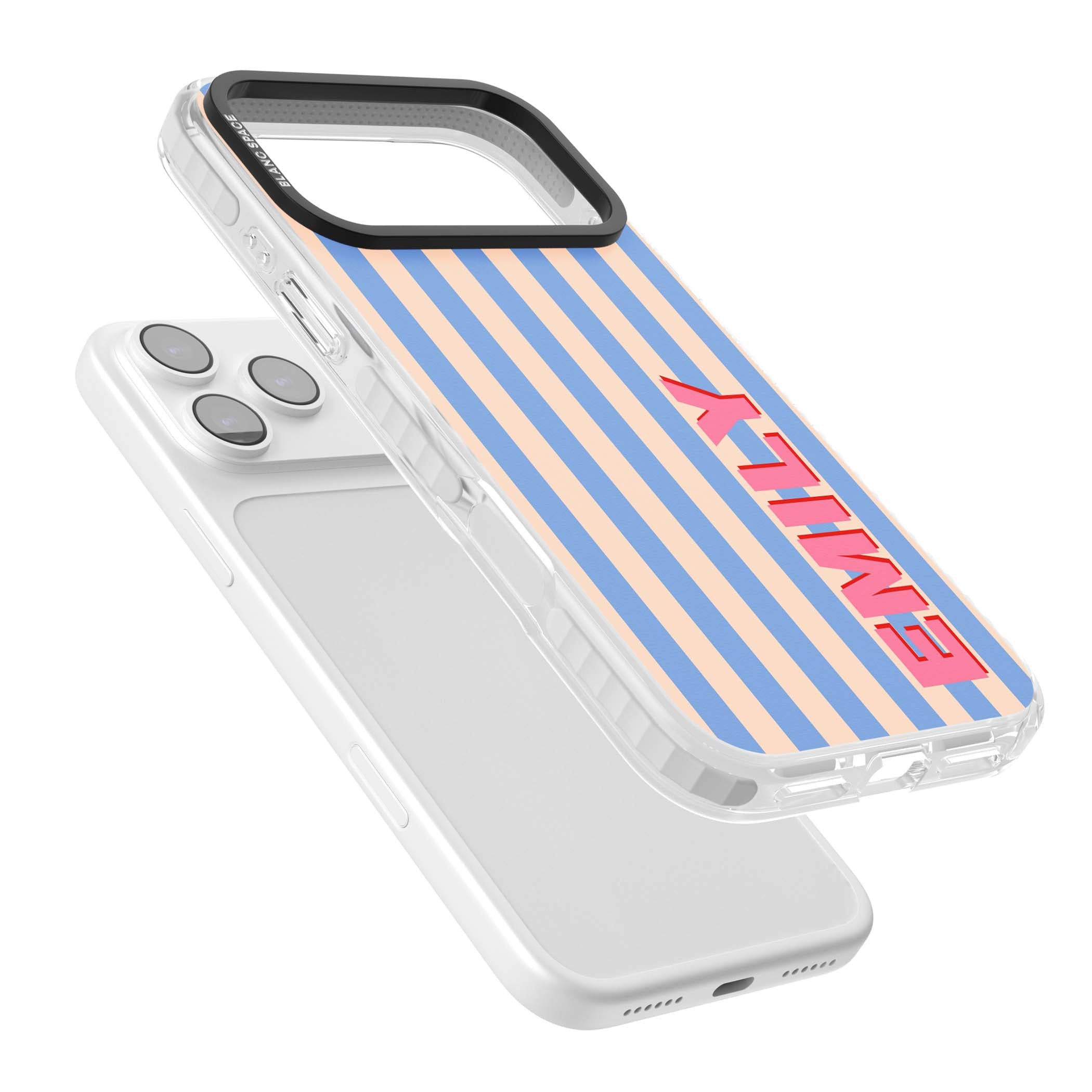 Coastal Stripe personalised coastal iPhone case with blue and peach vertical stripes and custom pink name | Black Impact case for iPhone 17 Pro, iPhone 17 Pro Max