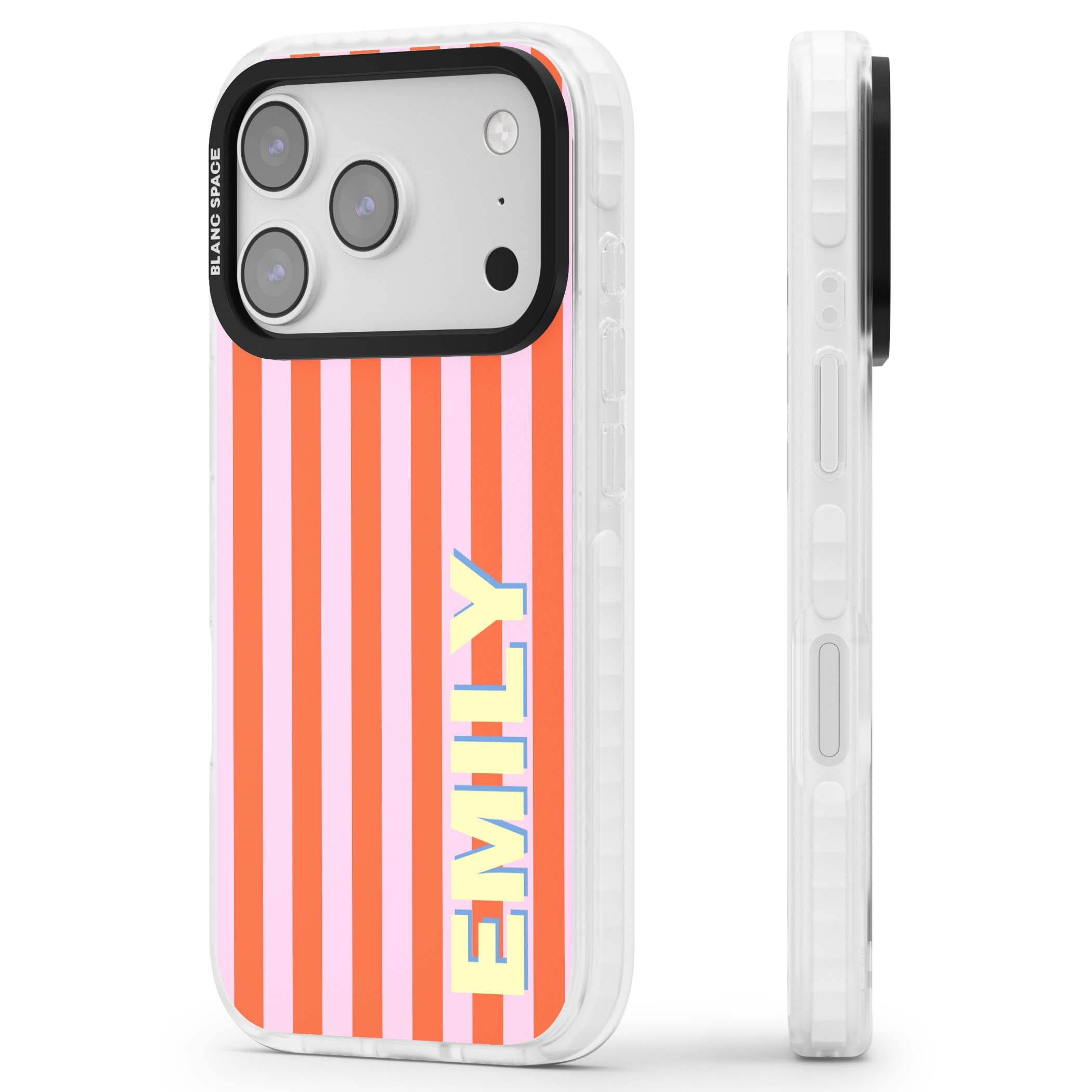Havana Stripe personalised iPhone case featuring pink and orange vertical stripes with a custom yellow name | Black Impact case for iPhone 17 Pro, iPhone 17 Pro Max