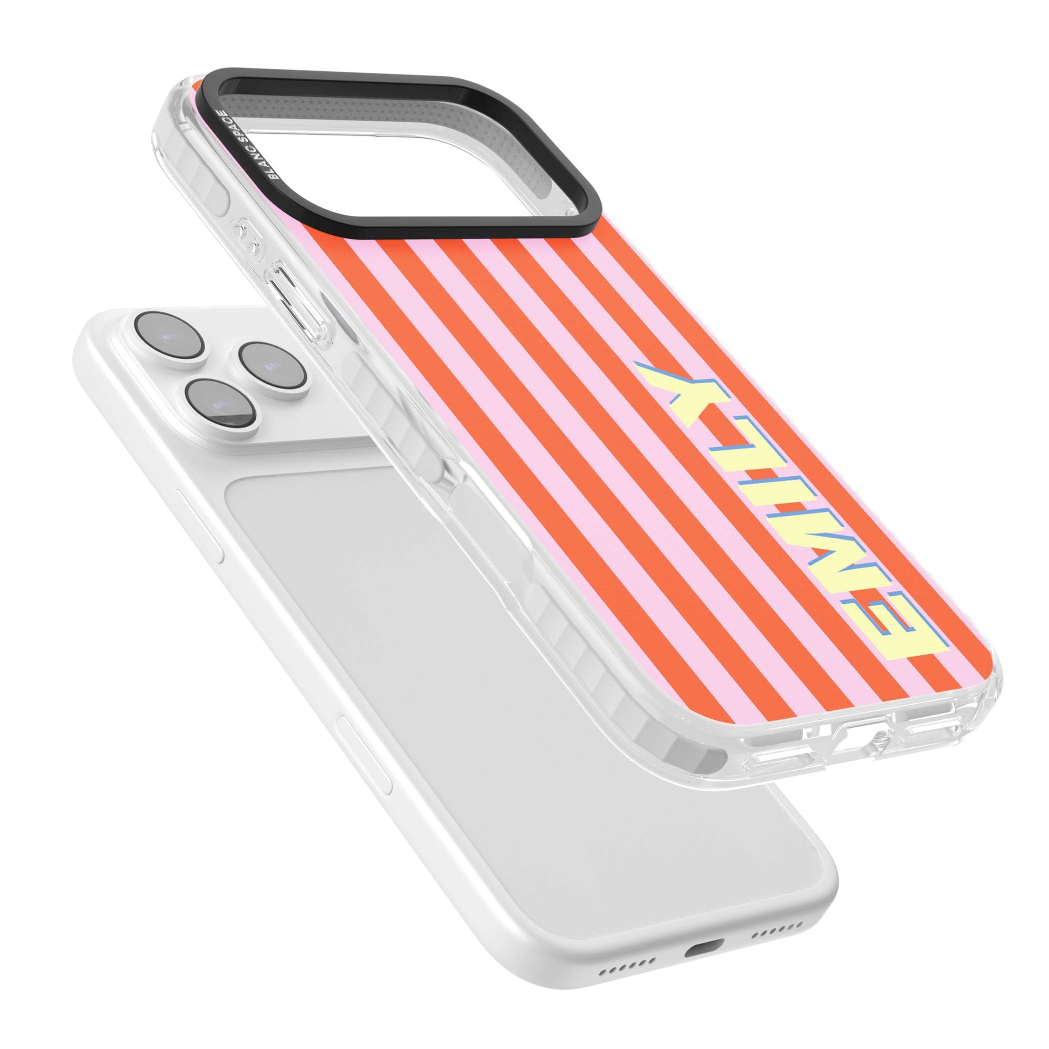 Havana Stripe personalised iPhone case featuring pink and orange vertical stripes with a custom yellow name | Black Impact case for iPhone 17 Pro, iPhone 17 Pro Max