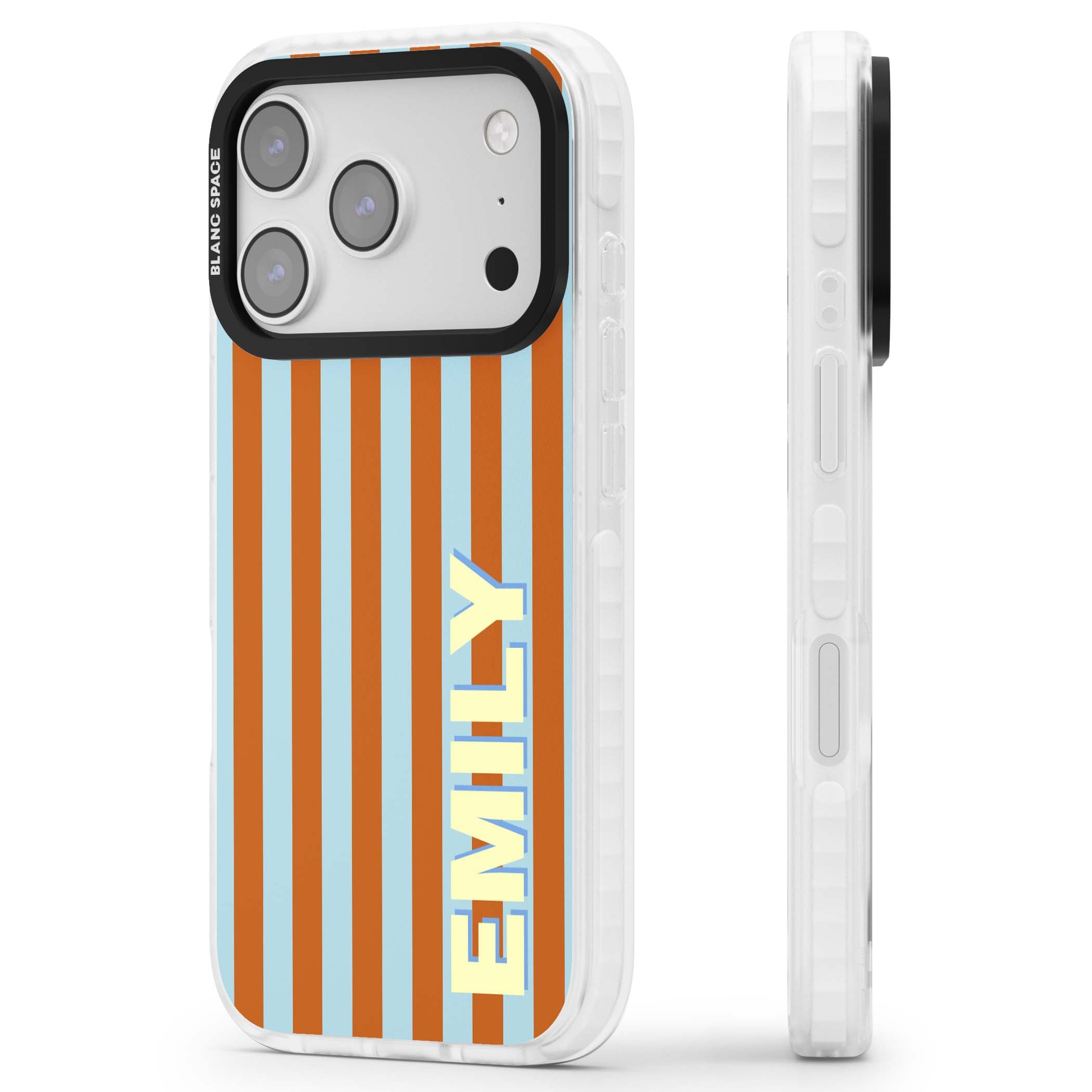 Cappadocia Stripe personalised coastal iPhone case featuring blue and orange vertical stripes with custom cream name | Black Impact case for iPhone 17 Pro, iPhone 17 Pro Max