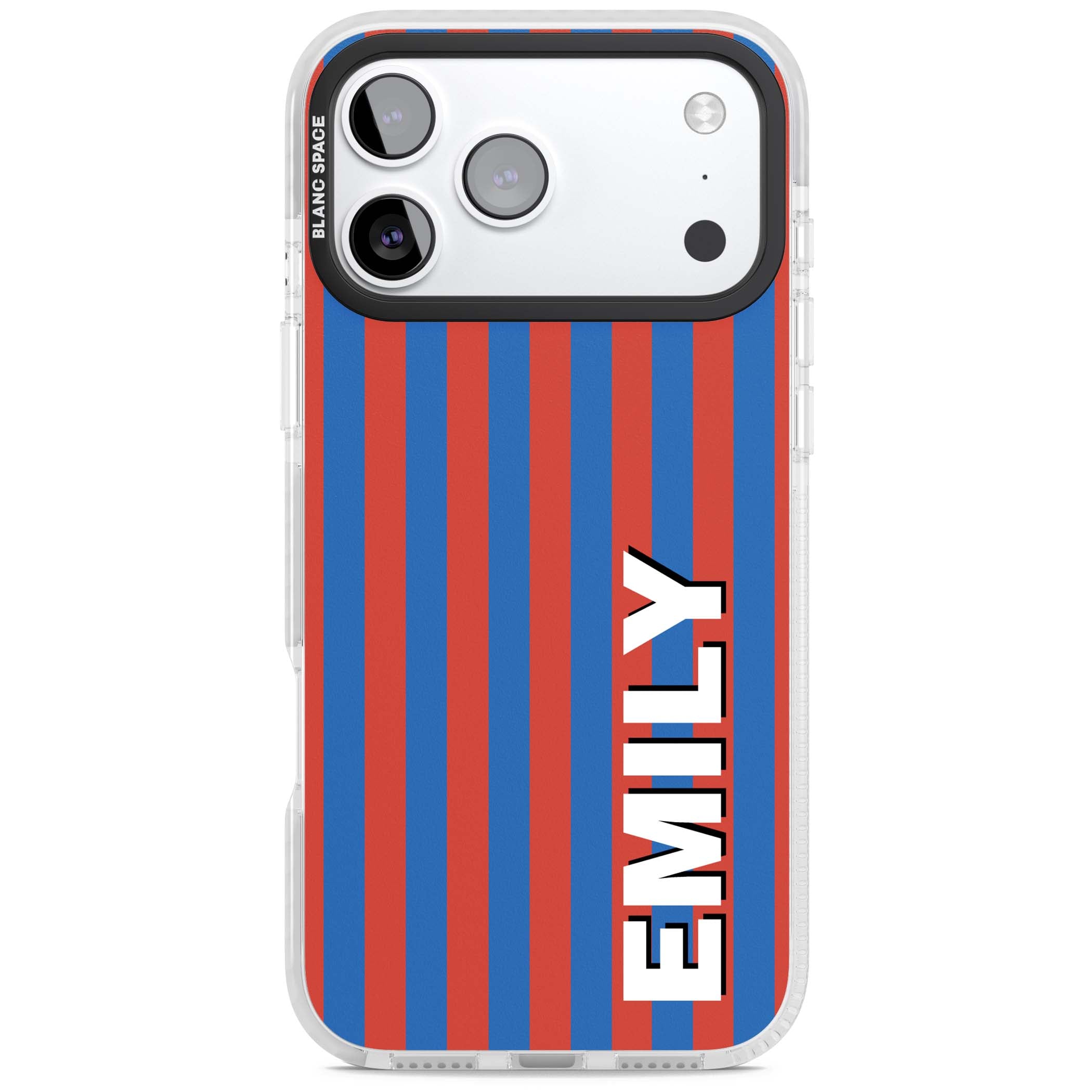 Cuban Stripe personalised iPhone case featuring red and blue vertical stripes with custom name in bold white letters | Black Impact case for iPhone 17 Pro, iPhone 17 Pro Max