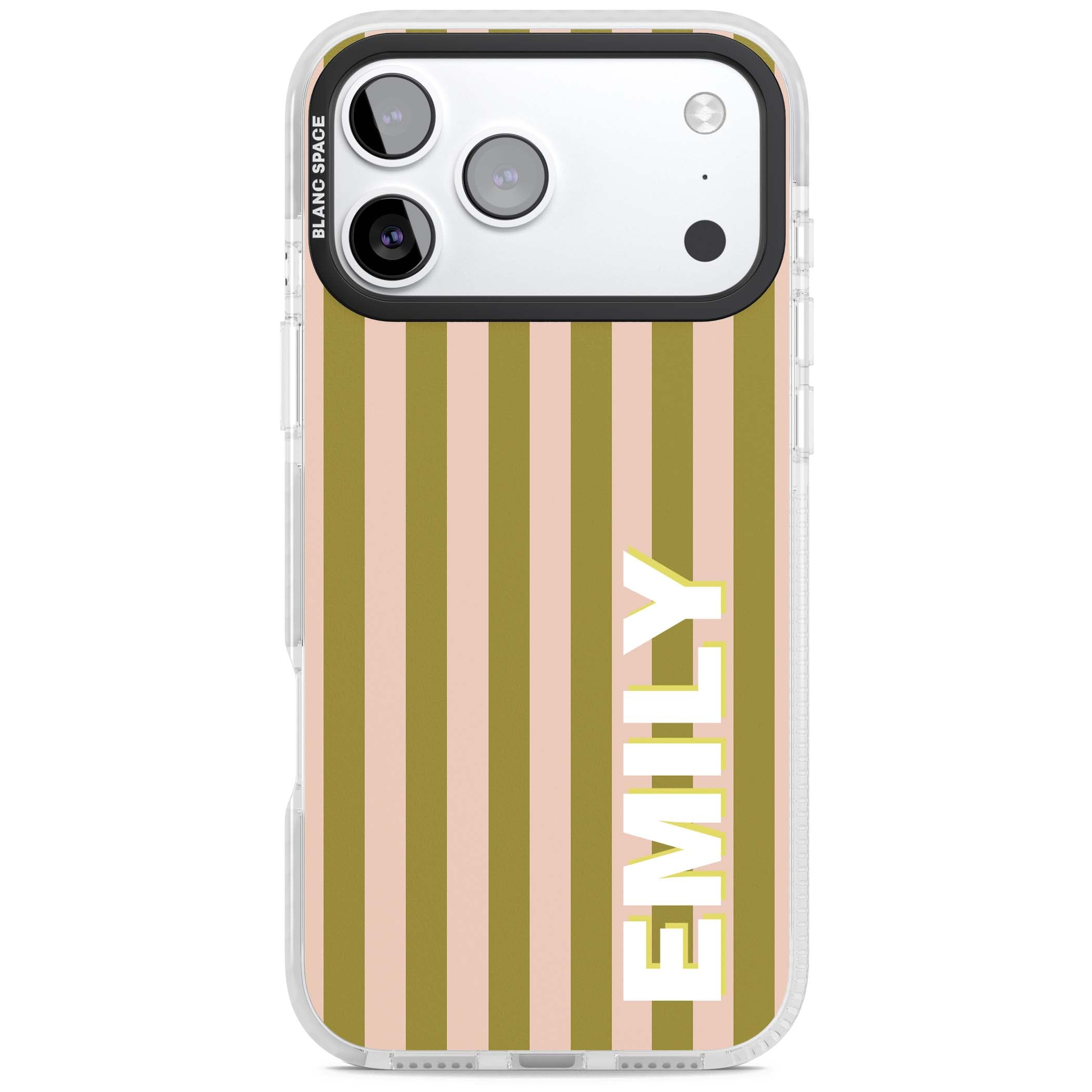 Indian Stripe personalised iPhone case featuring olive green and blush pink vertical stripes with custom name in whit | Black Impact case for iPhone 17 Pro, iPhone 17 Pro Max
