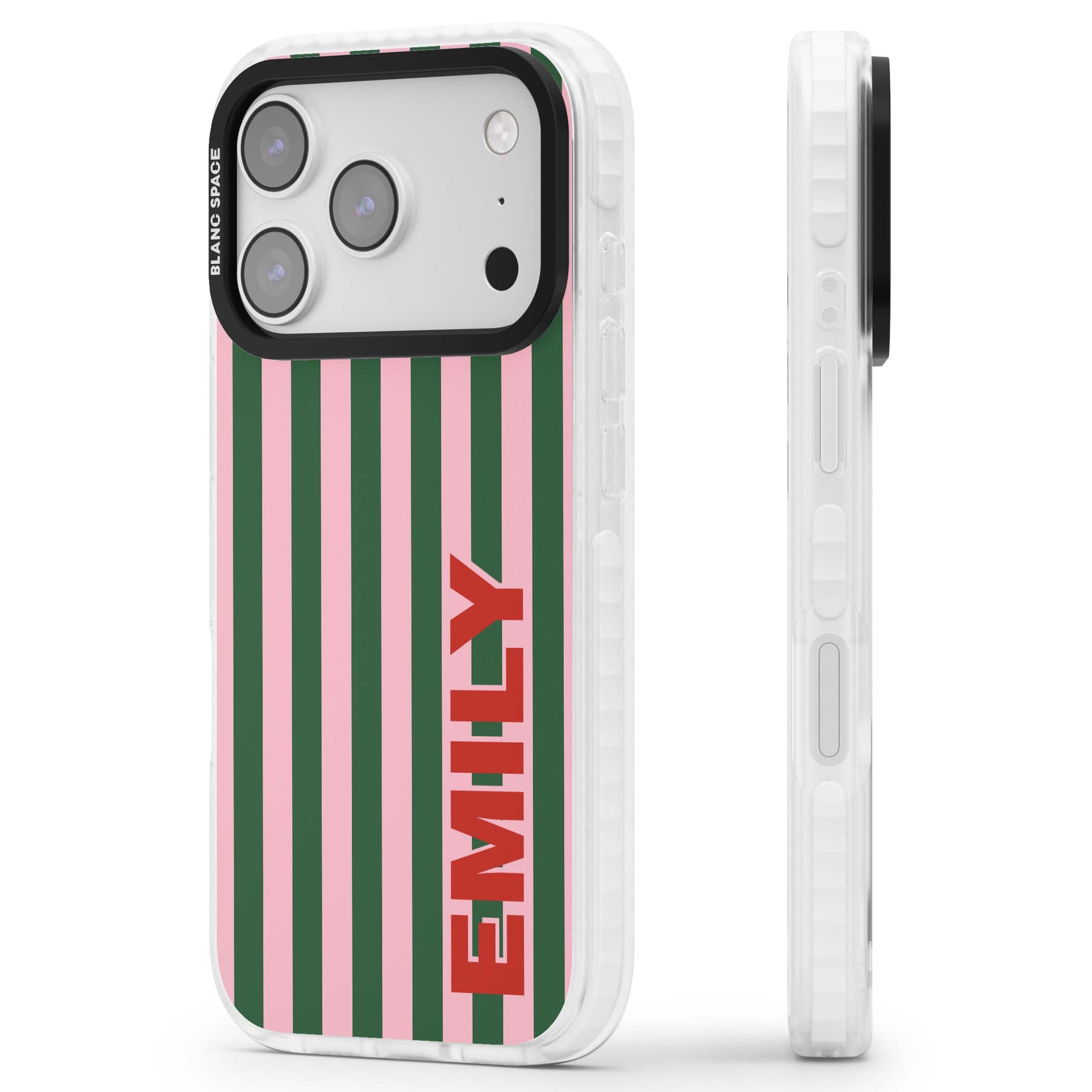 Italian Stripe preppy iPhone case featuring pink and green vertical stripes with personalised red name | Black Impact case for iPhone 17 Pro, iPhone 17 Pro Max