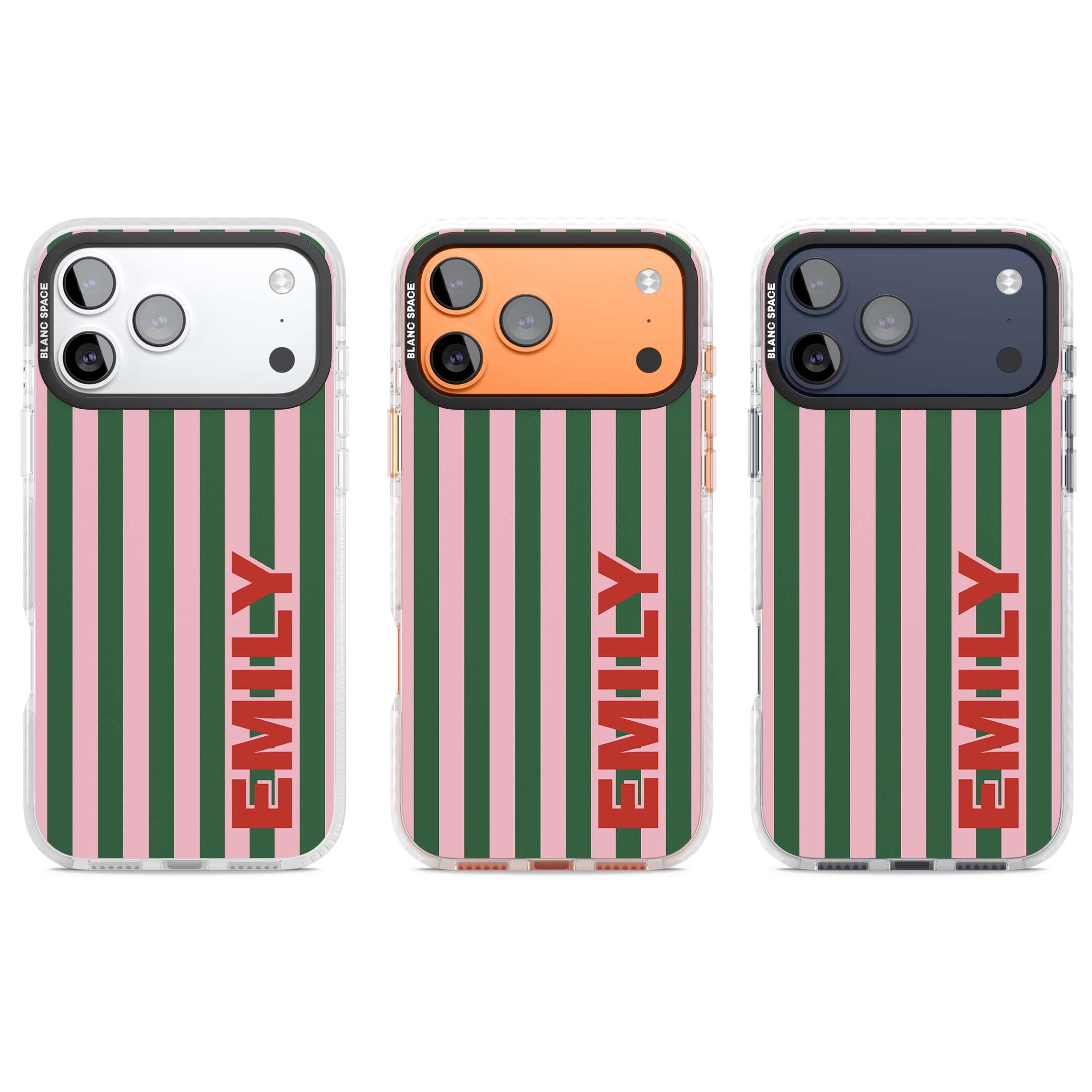 Italian Stripe preppy iPhone case featuring pink and green vertical stripes with personalised red name | Black Impact case for iPhone 17 Pro, iPhone 17 Pro Max