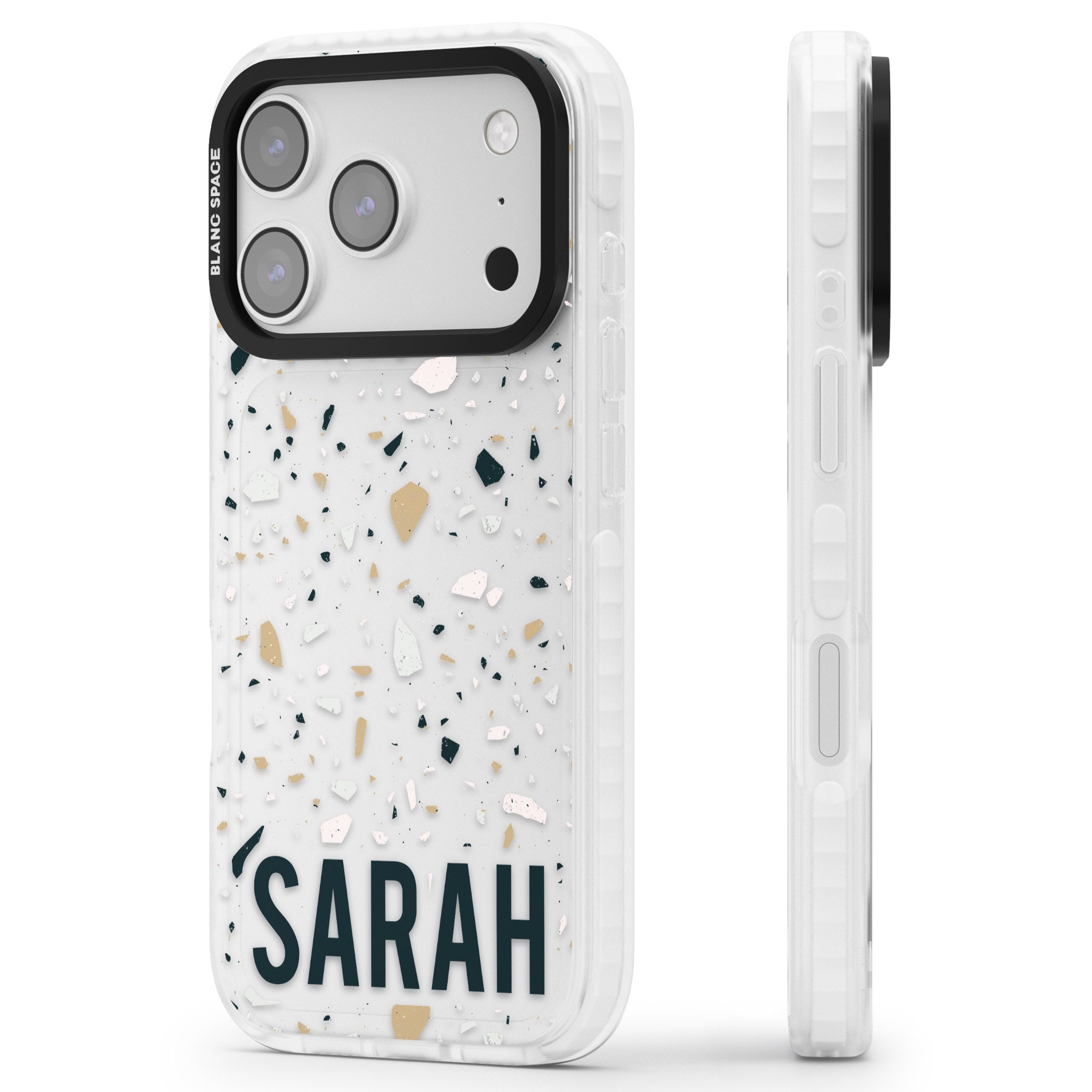 Personalised Terrazzo Blue, Pink, Brown iPhone 17 Pro Impact Clear Phone Case Side Profile