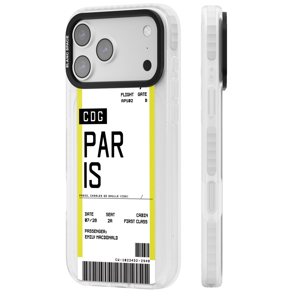 Personalised Paris Boarding Pass iPhone 17 Pro Max Impact Clear Phone Case side