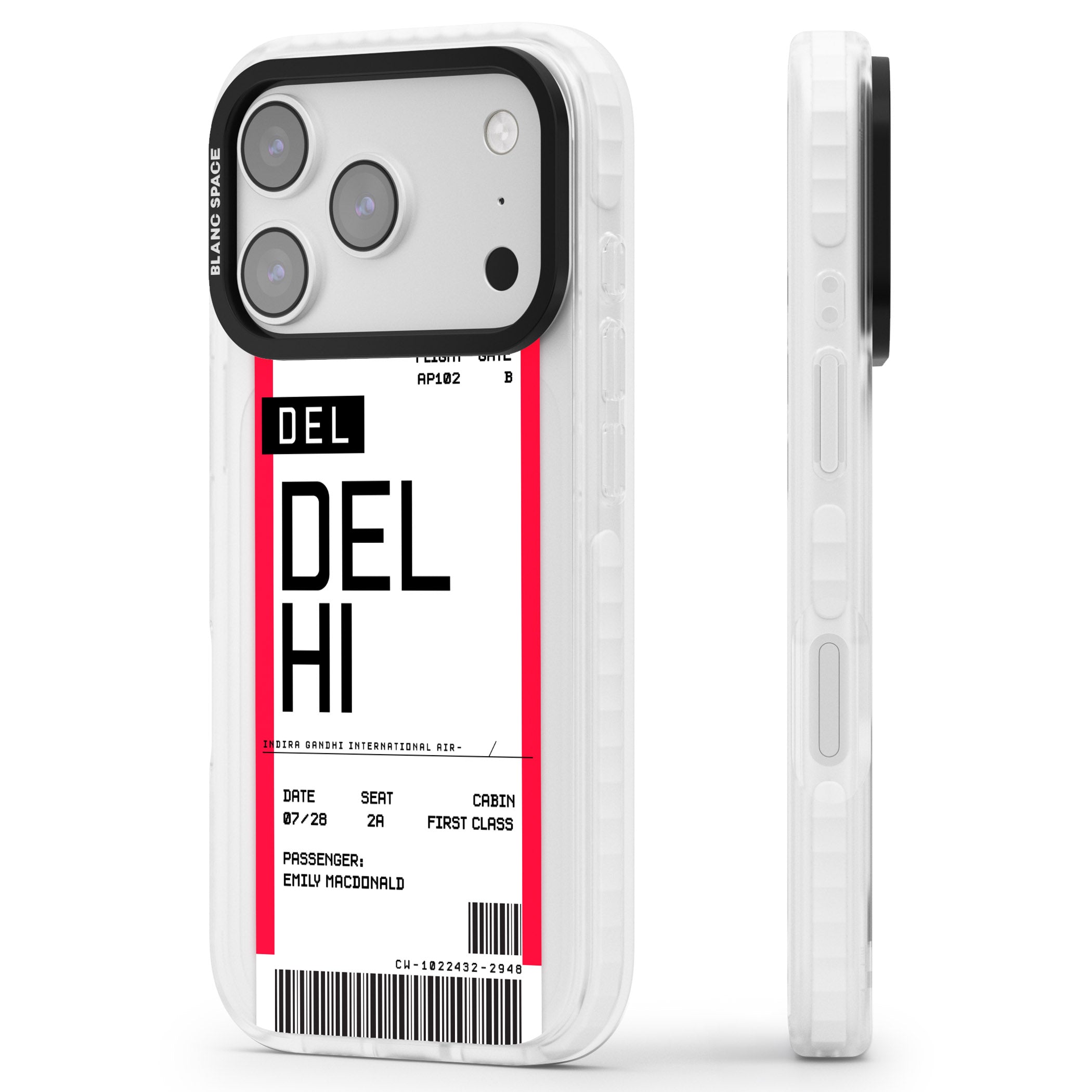Personalised Delhi Boarding Pass iPhone 17 Pro Impact Clear Phone Case Side Profile