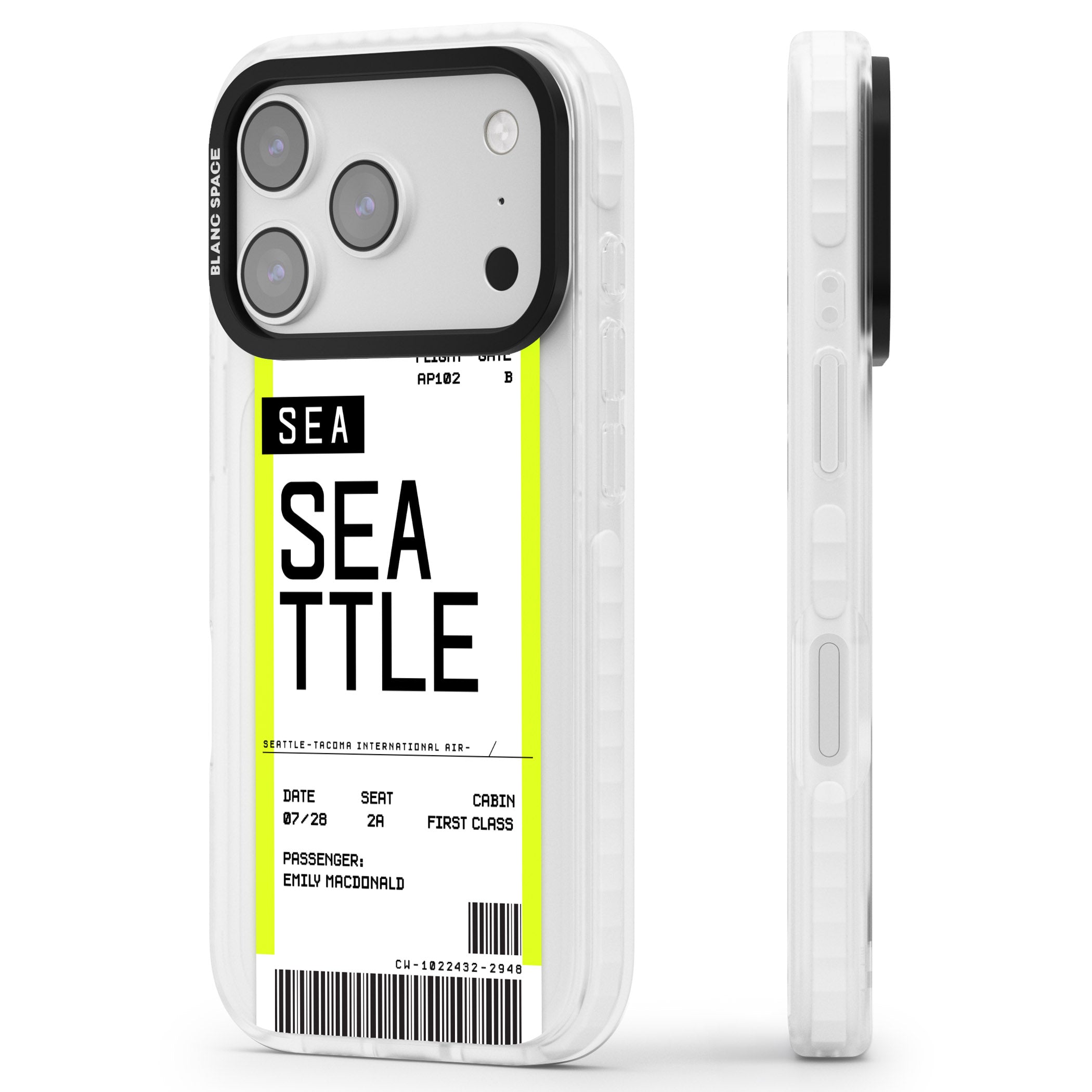 Personalised Seattle Boarding Pass iPhone 17 Pro Impact Clear Phone Case Side Profile