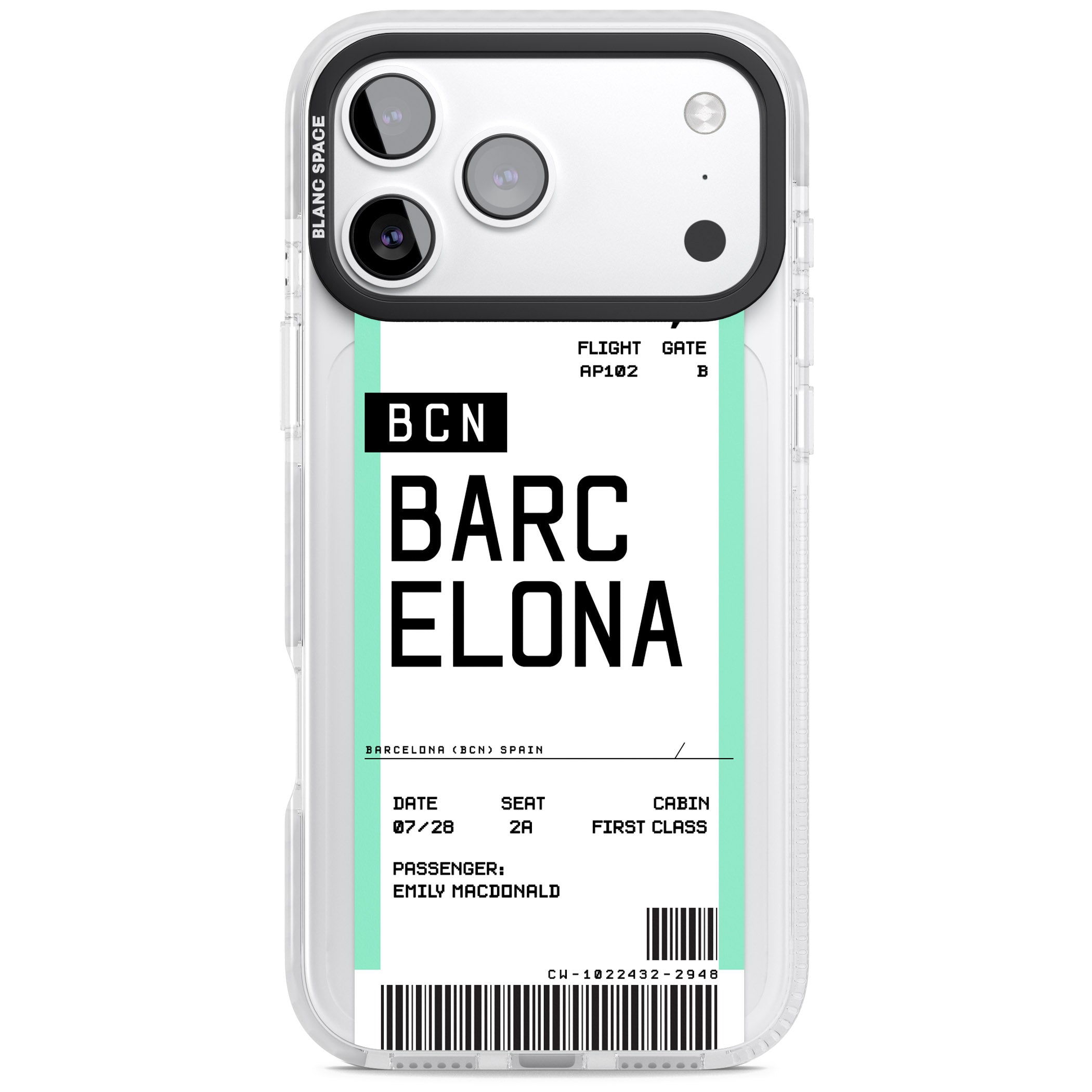 Personalised Barcelona Boarding Pass iPhone 17 Pro Impact Clear Phone Case