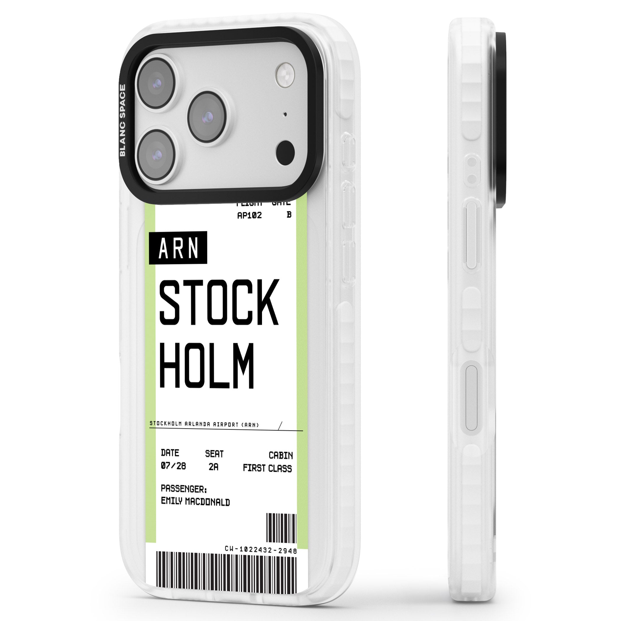 Personalised Stockholm Boarding Pass iPhone 17 Pro Impact Clear Phone Case Side Profile