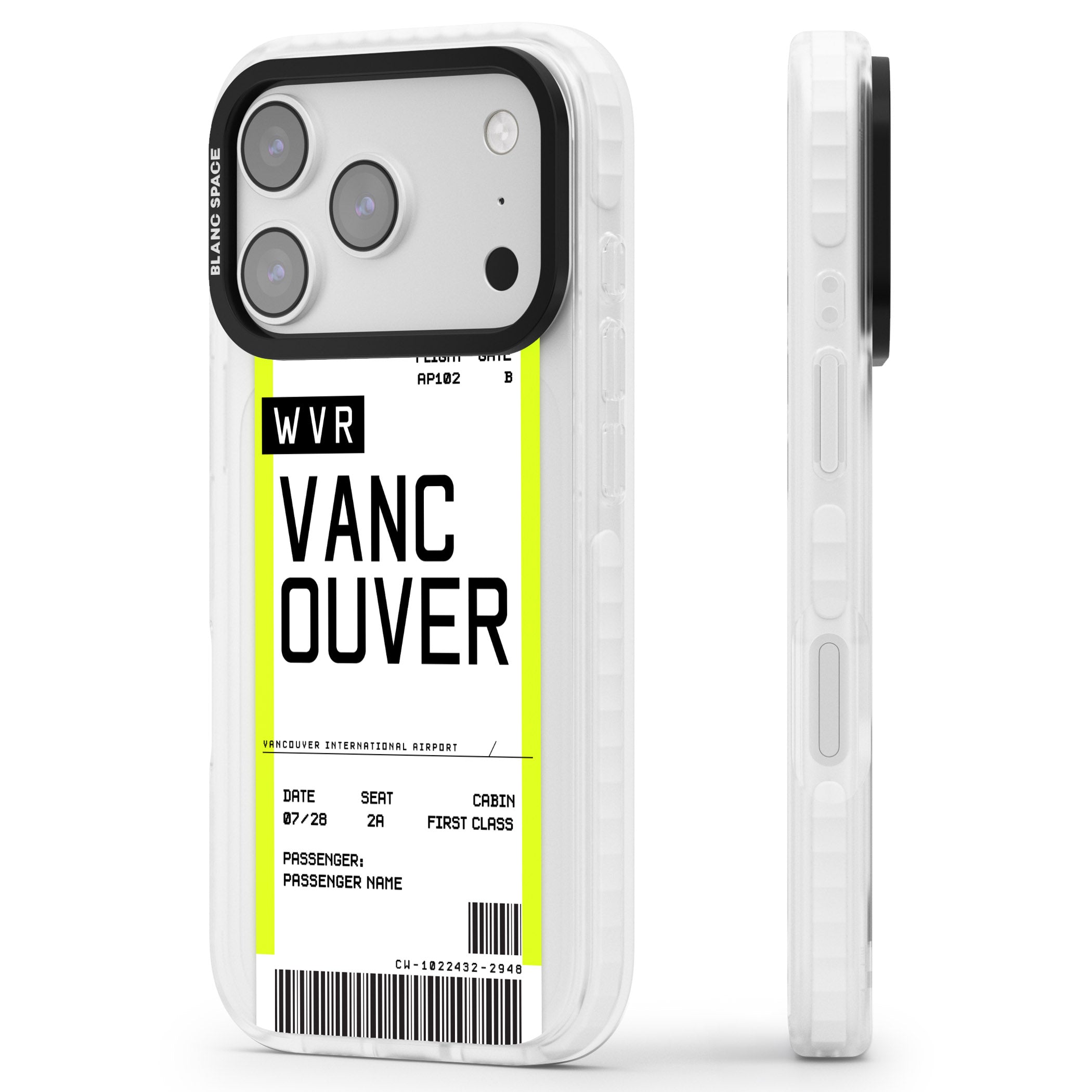 Personalised Vancouver Boarding Pass iPhone 17 Pro Impact Clear Phone Case Side Profile
