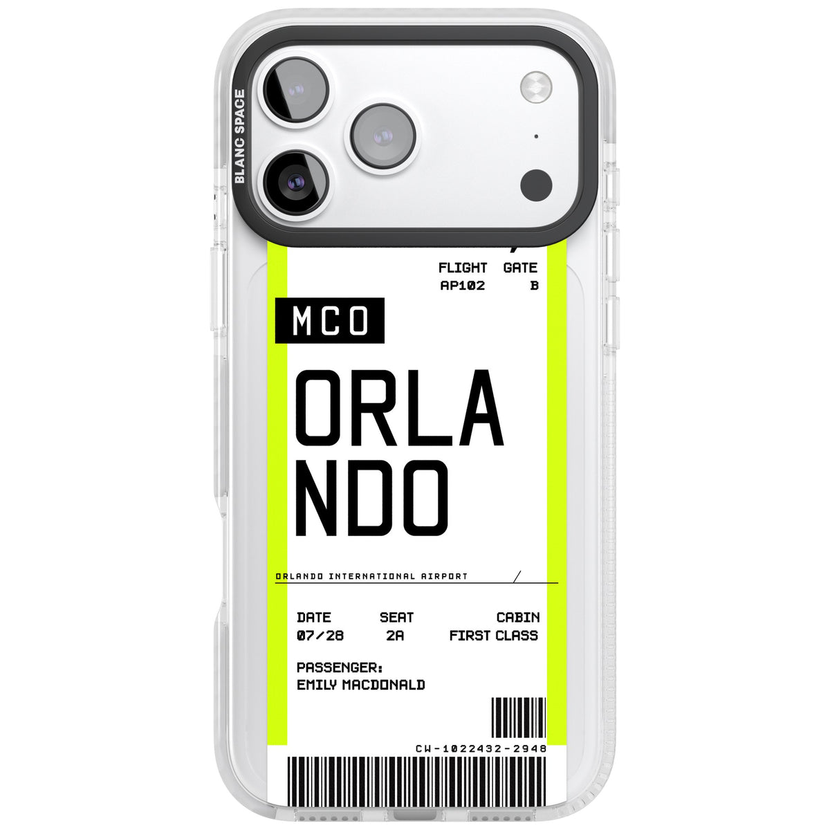 Personalised Orlando Boarding Pass iPhone 17 Pro Max Impact Clear Phone Case front