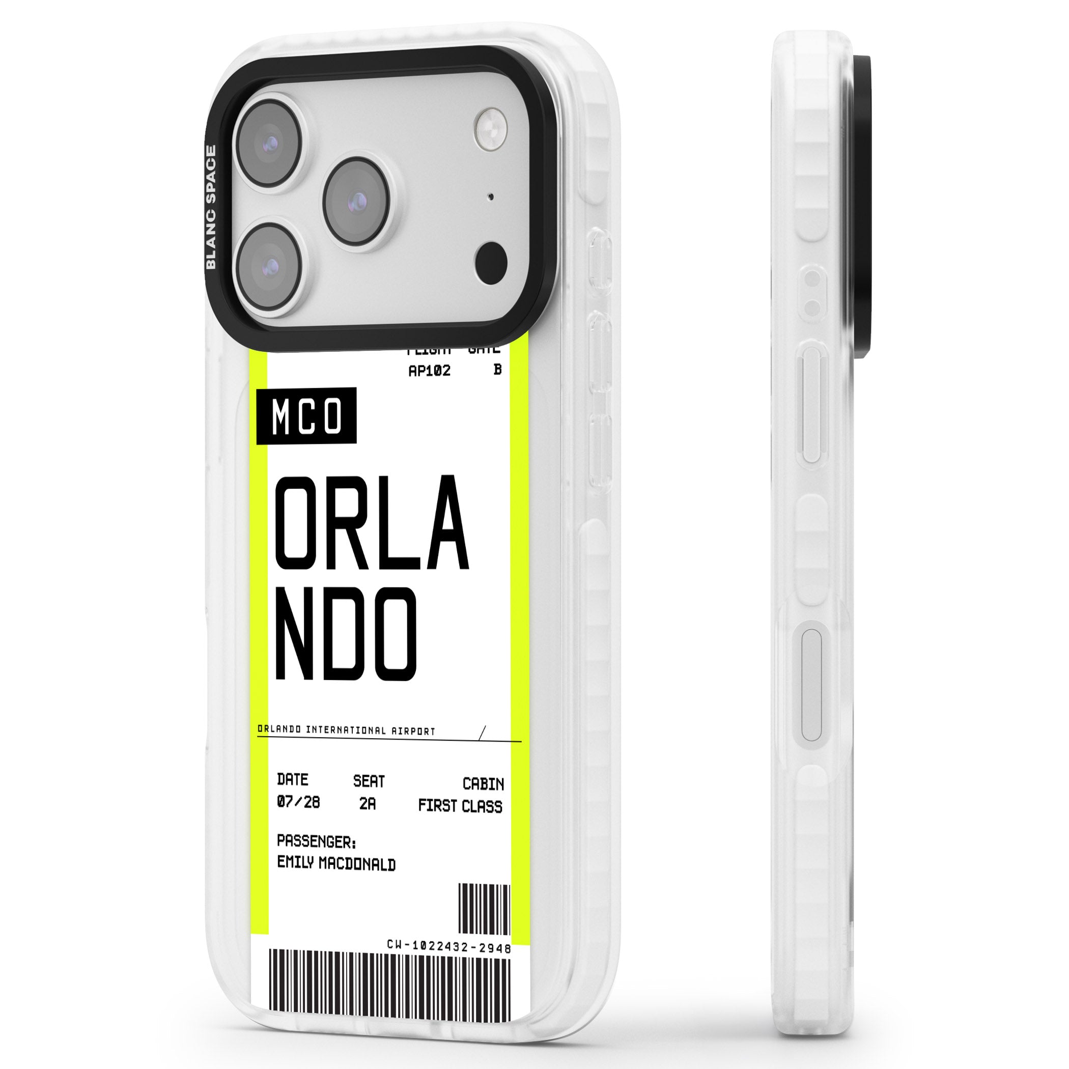 Personalised Orlando Boarding Pass iPhone 17 Pro Impact Clear Phone Case Side Profile