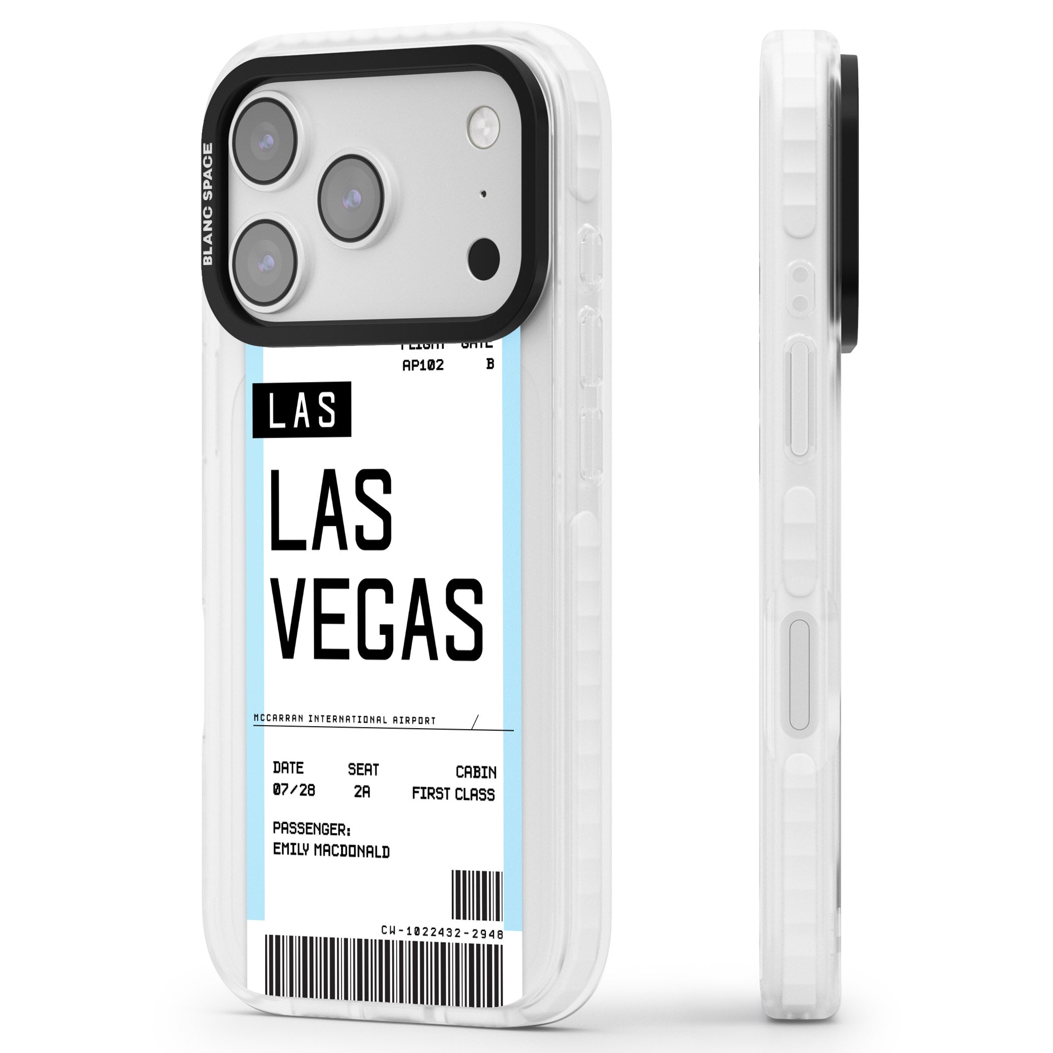 Personalised Las Vegas Boarding Pass iPhone 17 Pro Impact Clear Phone Case Side Profile