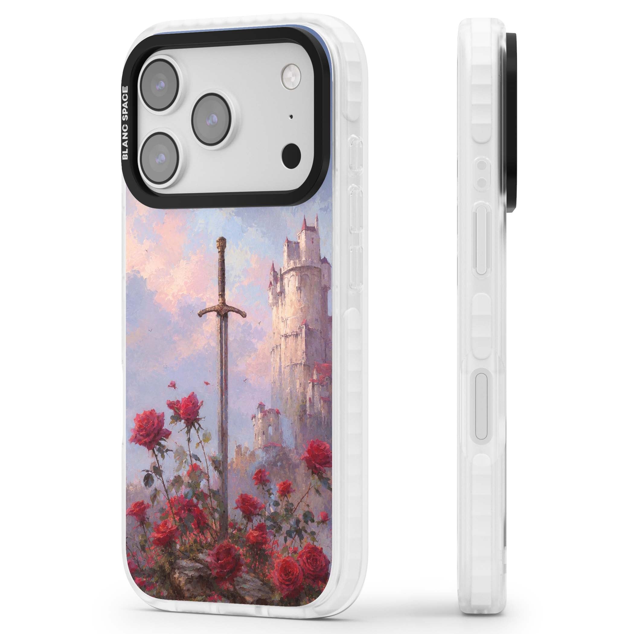 Sword in Roses medieval art iPhone case featuring a sword, red roses, and a misty fairytale castle at sunset | Black Impact case for iPhone 17 Pro, iPhone 17 Pro Max