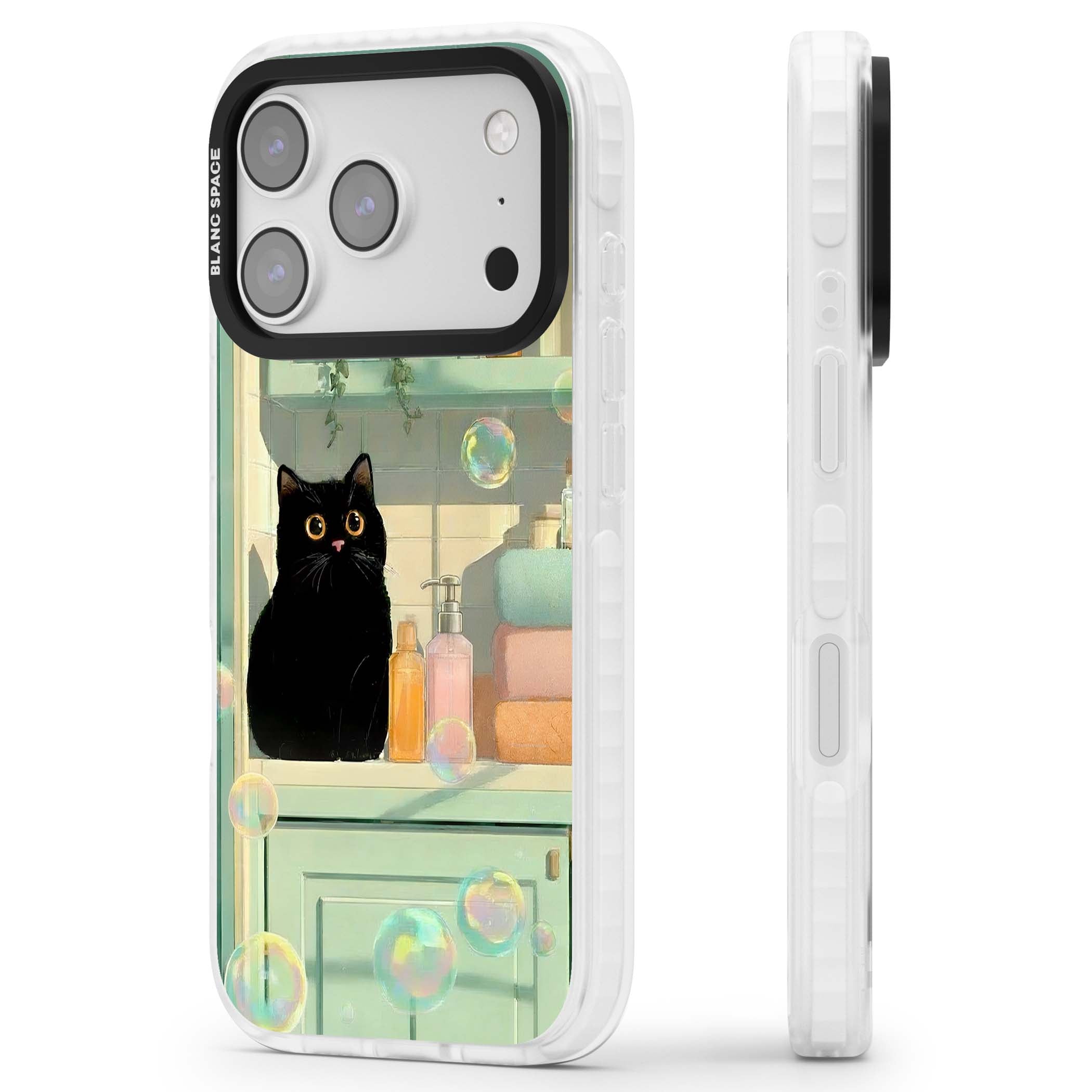 Bathroom Bubble Kitty cottagecore iPhone case featuring a black cat, mint bathroom scene and floating soap bubbles | Black Impact case for iPhone 17 Pro, iPhone 17 Pro Max