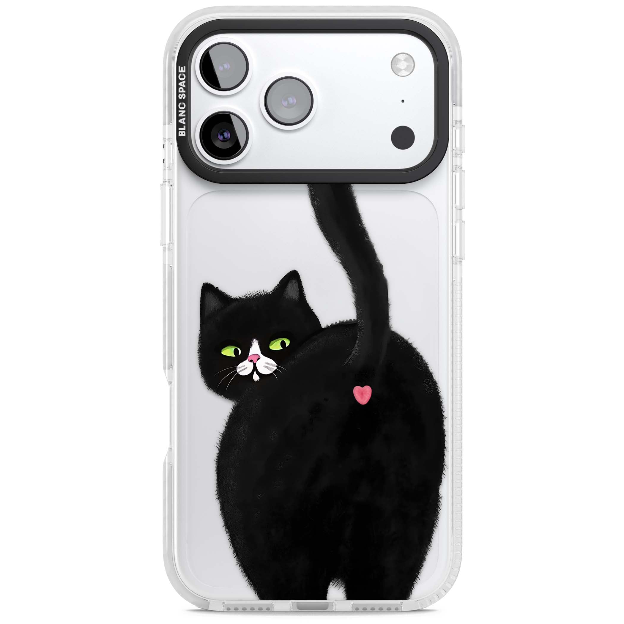 The Cat's Kiss cute cat iPhone case featuring a hand-painted tuxedo kitty with green eyes and a pink heart on a clear | Black Impact case for iPhone 17 Pro, iPhone 17 Pro Max