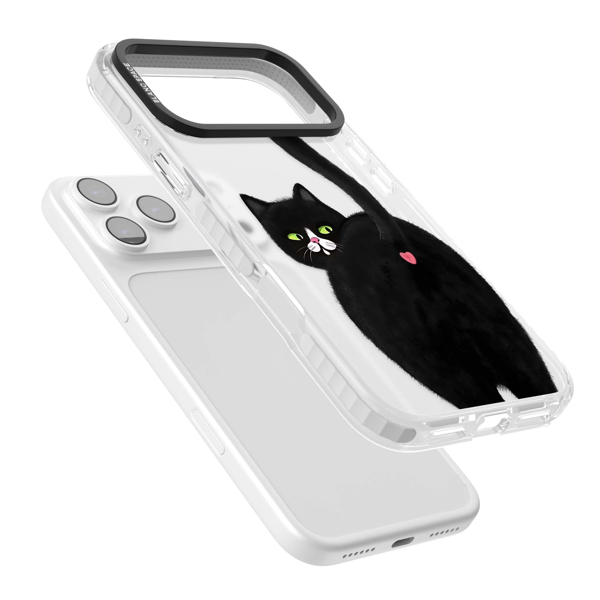 The Cat's Kiss cute cat iPhone case featuring a hand-painted tuxedo kitty with green eyes and a pink heart on a clear | Black Impact case for iPhone 17 Pro, iPhone 17 Pro Max